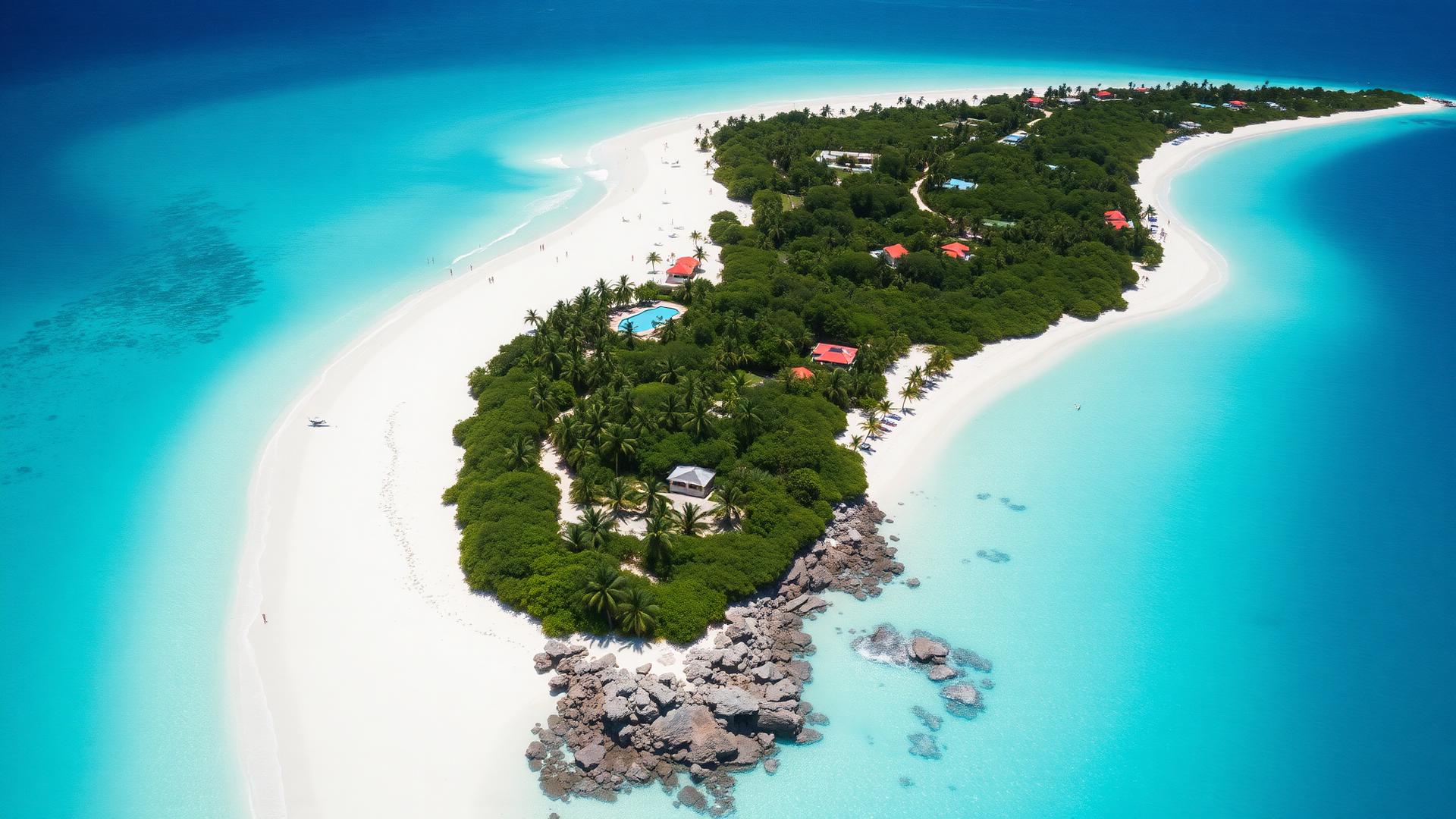 Aerial view of a pristine white sand beach in the ABC Islands with turquoise Caribbean waters