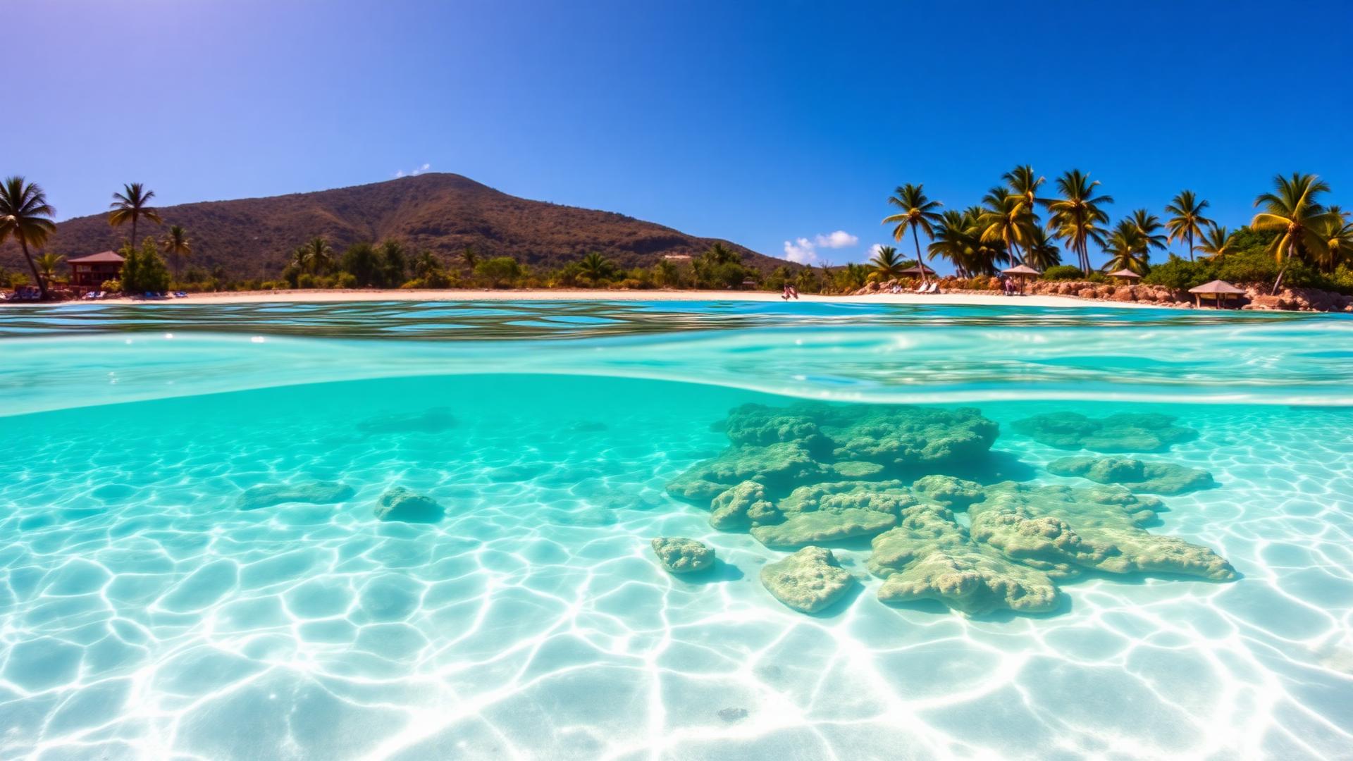 Crystal clear Caribbean water with coral visible beneath the surface near the ABC Islands