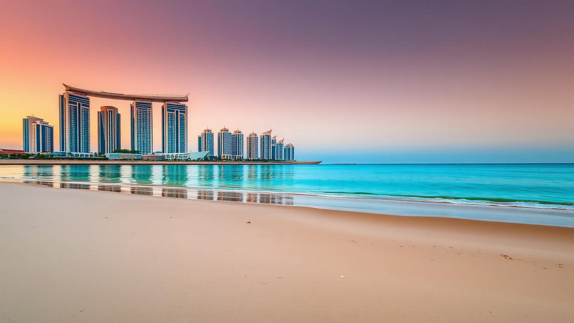 Abu Dhabi luxury waterfront skyline at golden hour with pristine beach