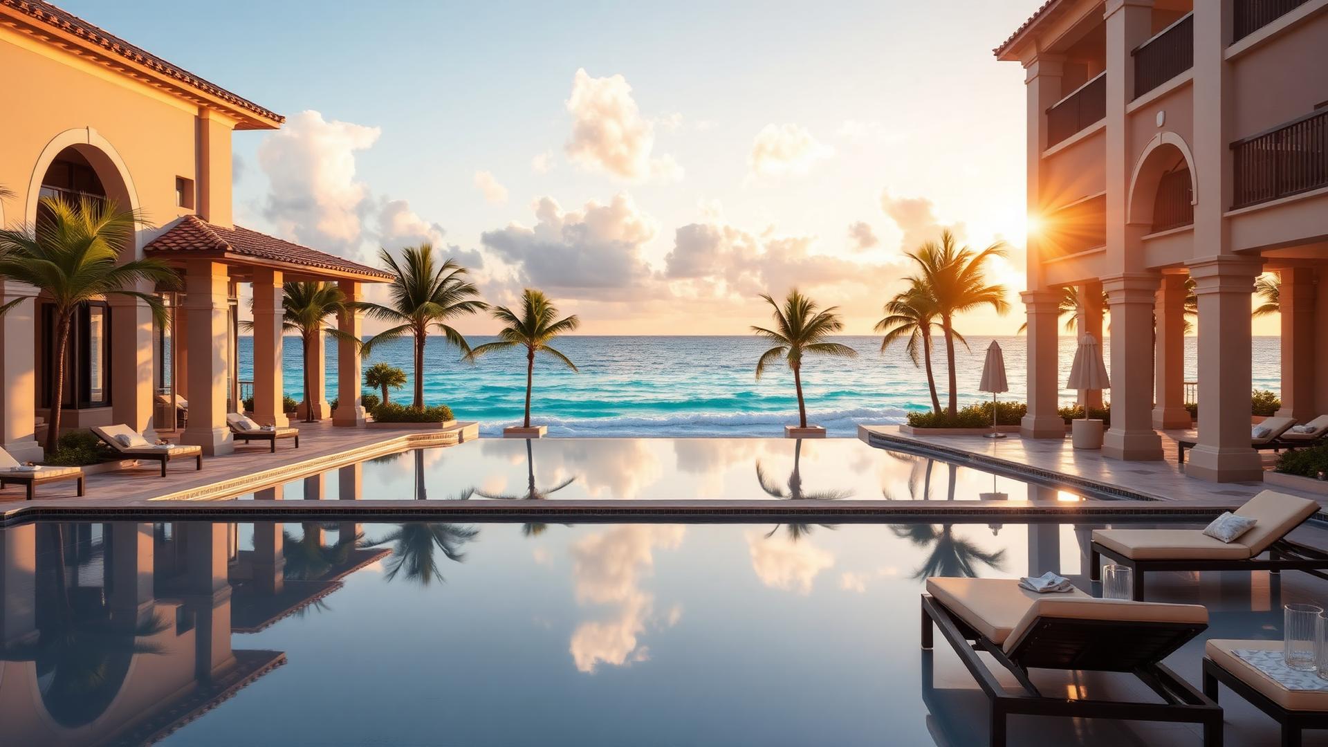 Luxury resort pool area at golden hour overlooking the Atlantic Ocean in Miami Beach
