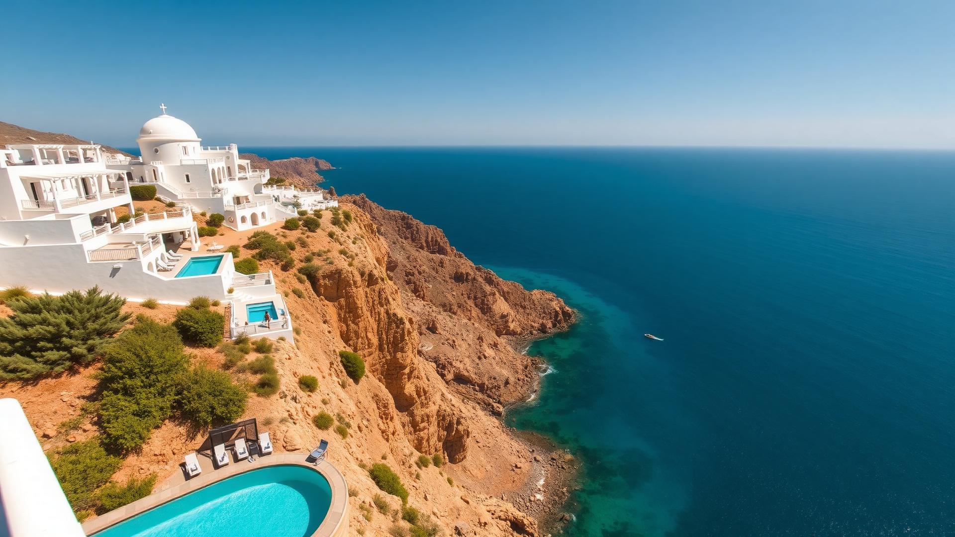 Whitewashed cliffside resort with infinity pools overlooking the Aegean Sea in Crete