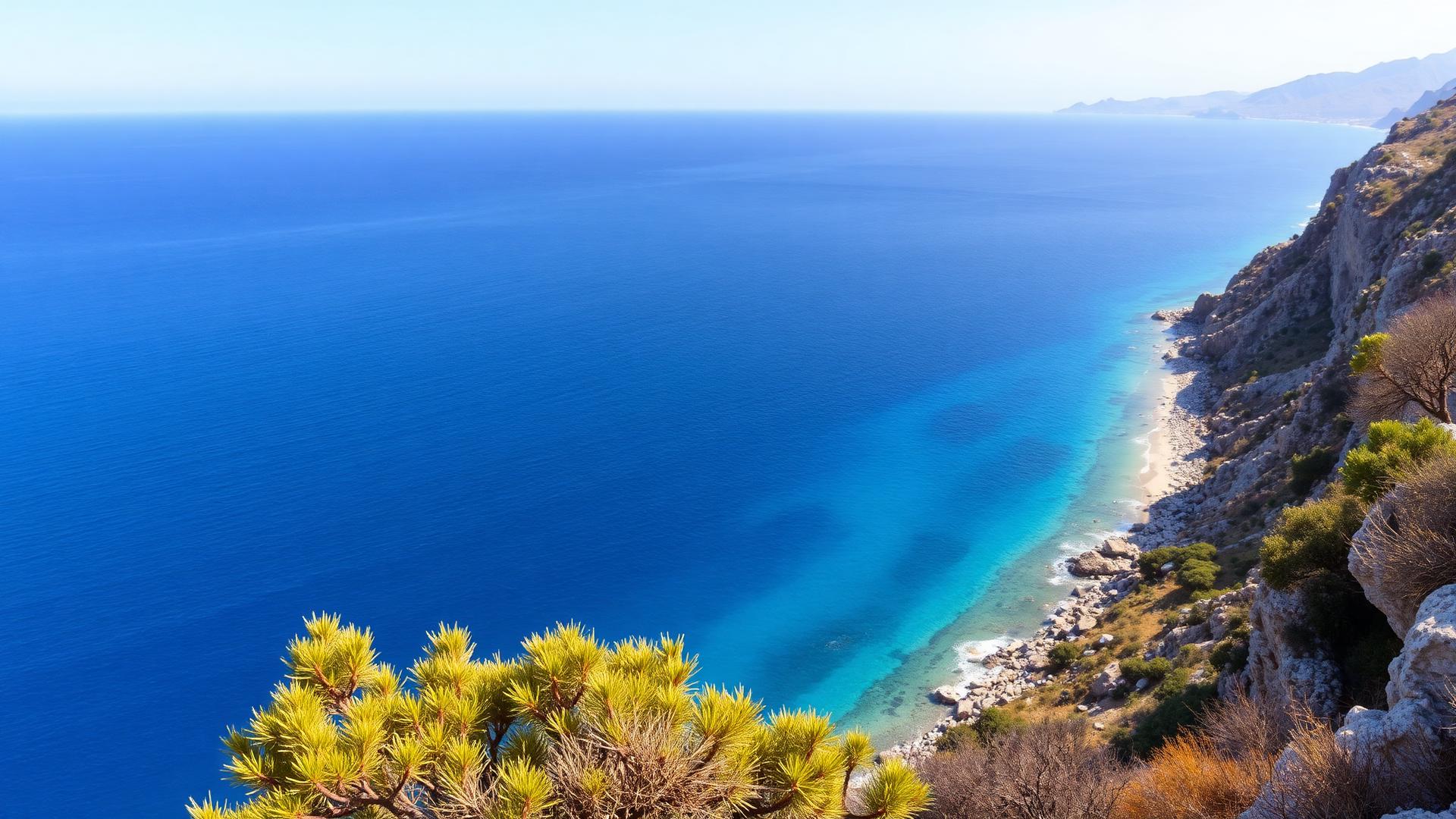 Stunning Aegean Sea coastline view from Cretan cliffside with deep azure waters