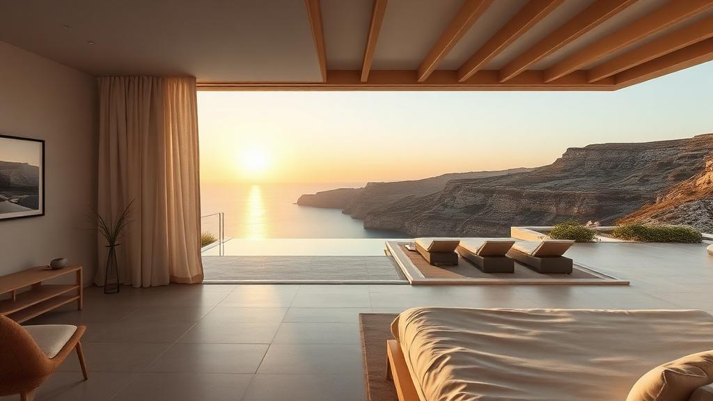 Luxury suite with private plunge pool overlooking Greek coastline at sunset