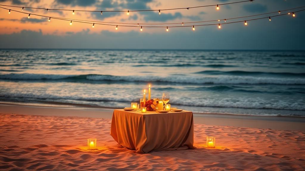 Romantic beachfront dinner setup with candles on white sand at sunset