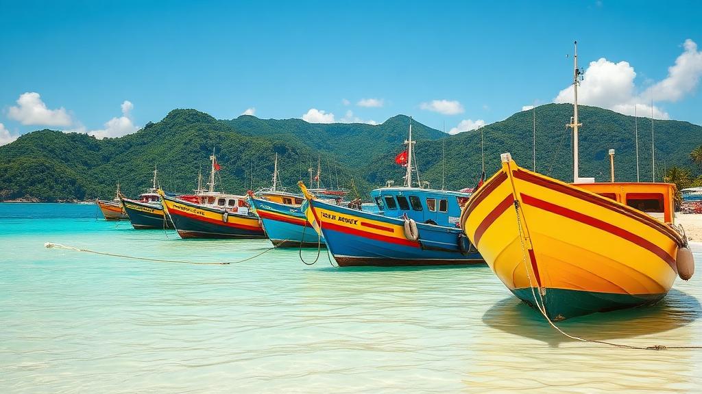 Colorful fishing boats on a Jamaican beach with green mountains