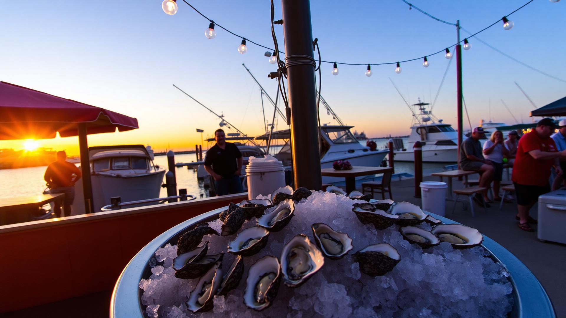 Fresh oysters on ice at a waterfront seafood restaurant in Destin Harbor at sunset