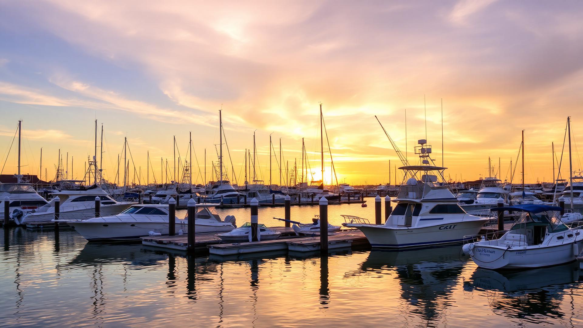 Destin Harbor marina at golden hour with <a href=