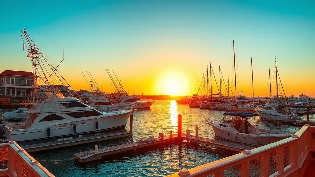 Destin Harbor sunset view with charter fishing boats from waterfront deck