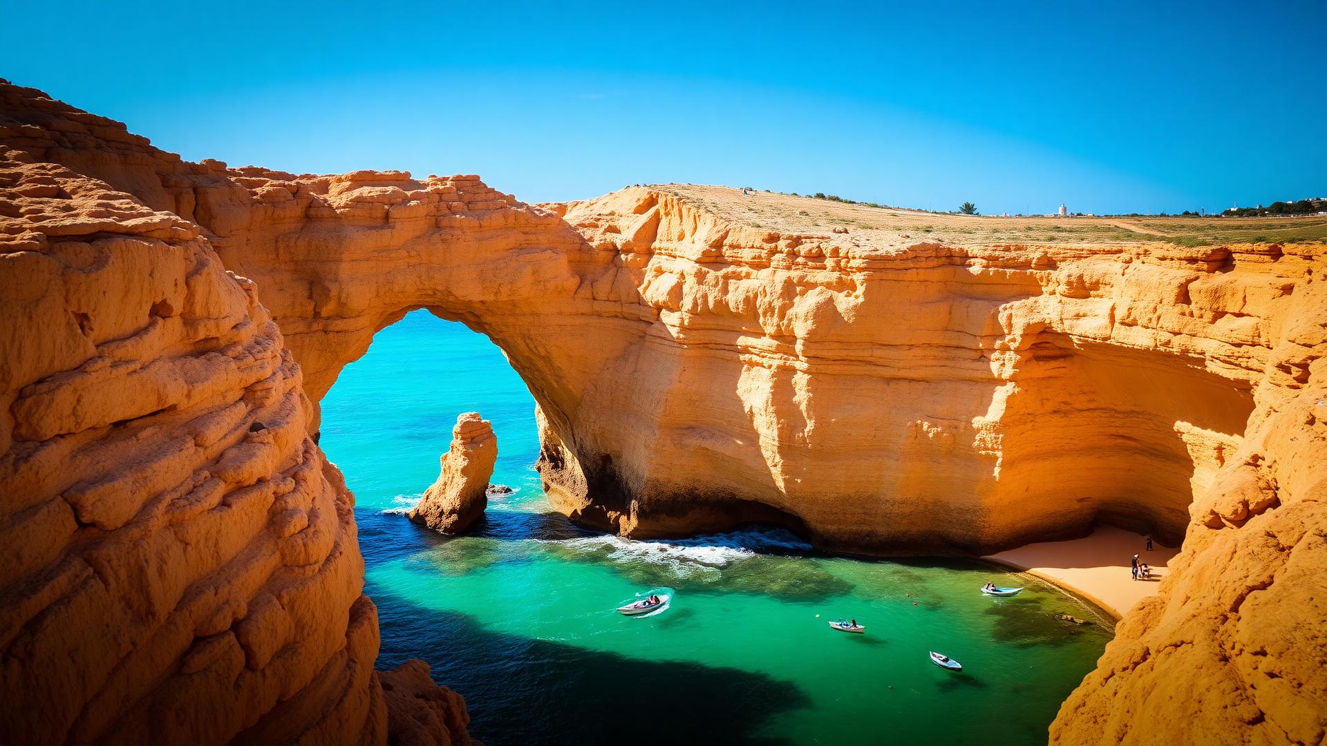 Dramatic golden limestone rock formations and natural arches at Algar Seco in the Algarve