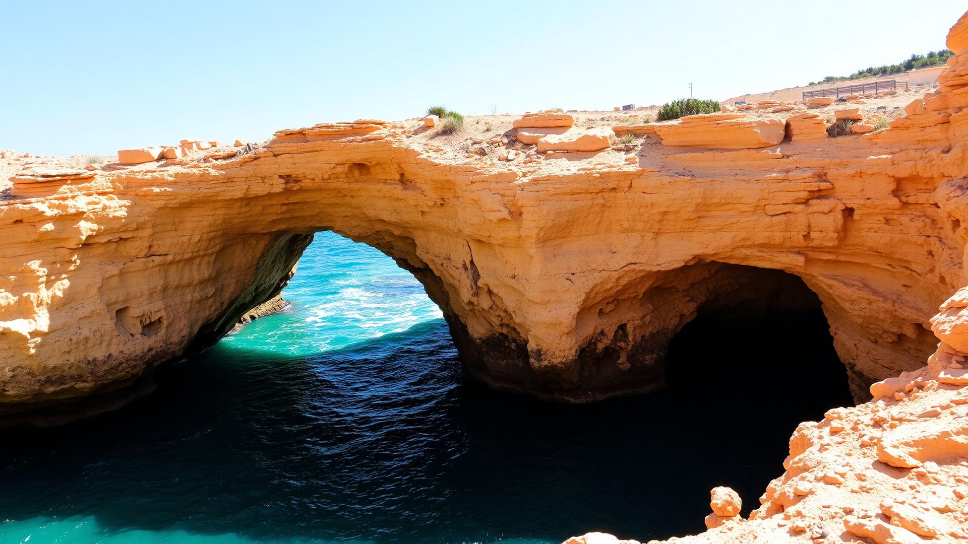 Natural rock arch with turquoise Atlantic water at Algar Seco, Algarve coast