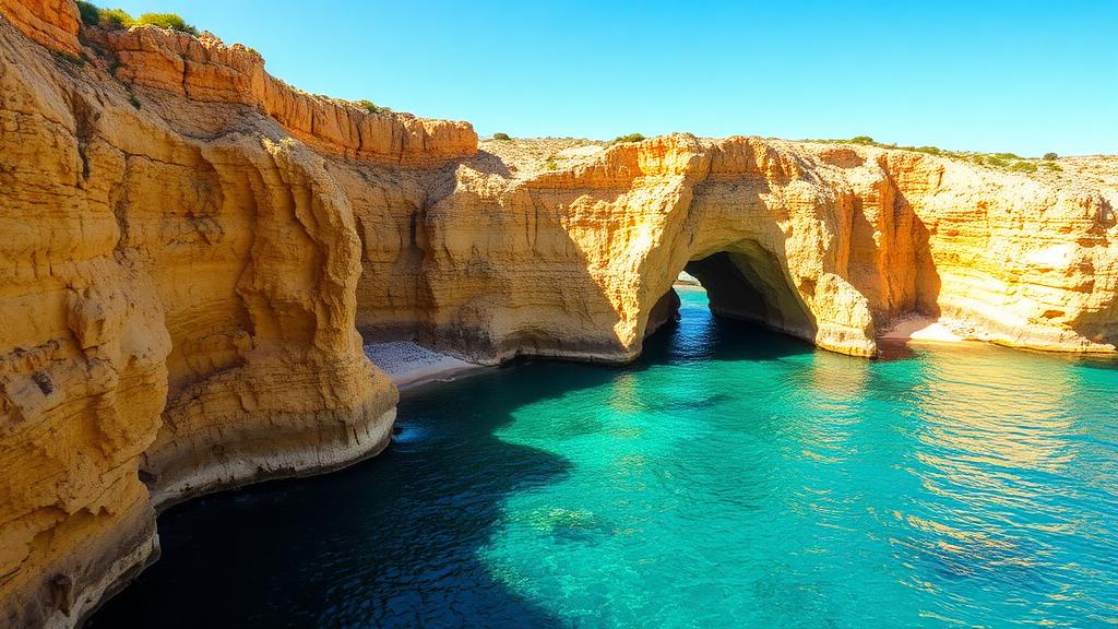 Algar Seco golden limestone rock formations with natural arches in Carvoeiro Algarve