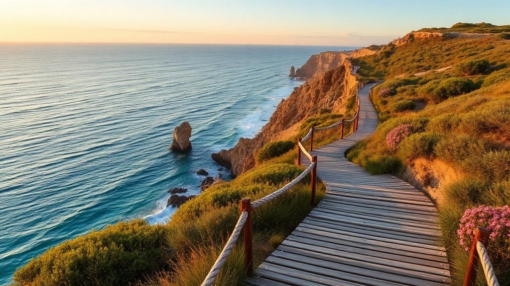 Scenic boardwalk trail along Carvoeiro Algarve cliffs at golden hour