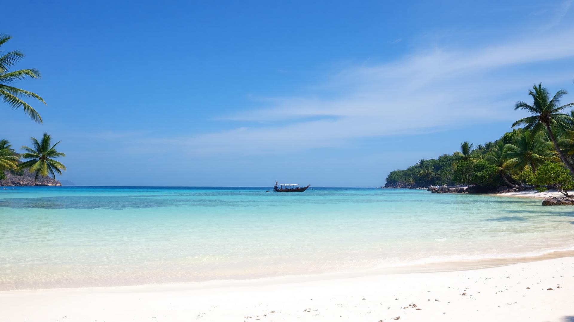 Pristine Andaman Sea beach in Phuket with longtail boat and palm trees