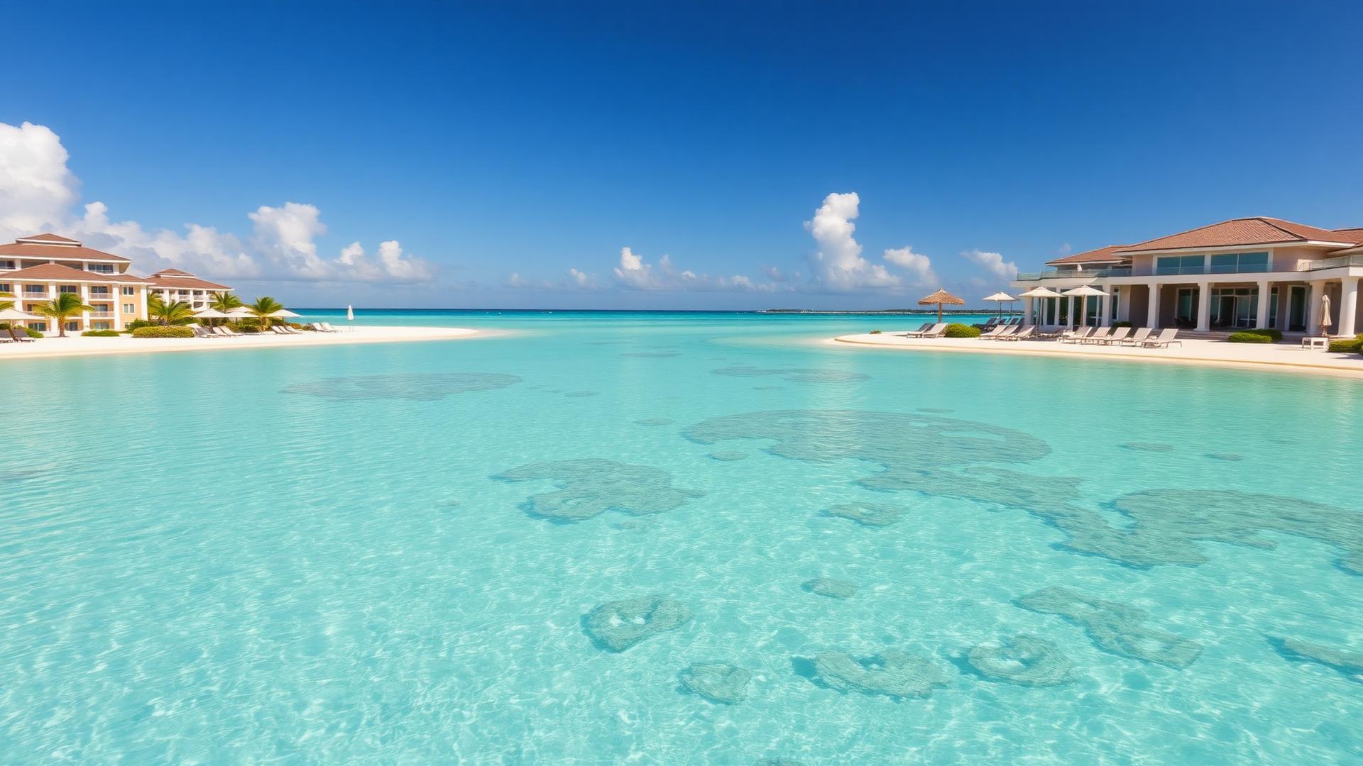 Crystal clear turquoise waters of Turks and Caicos with luxury beachfront resort