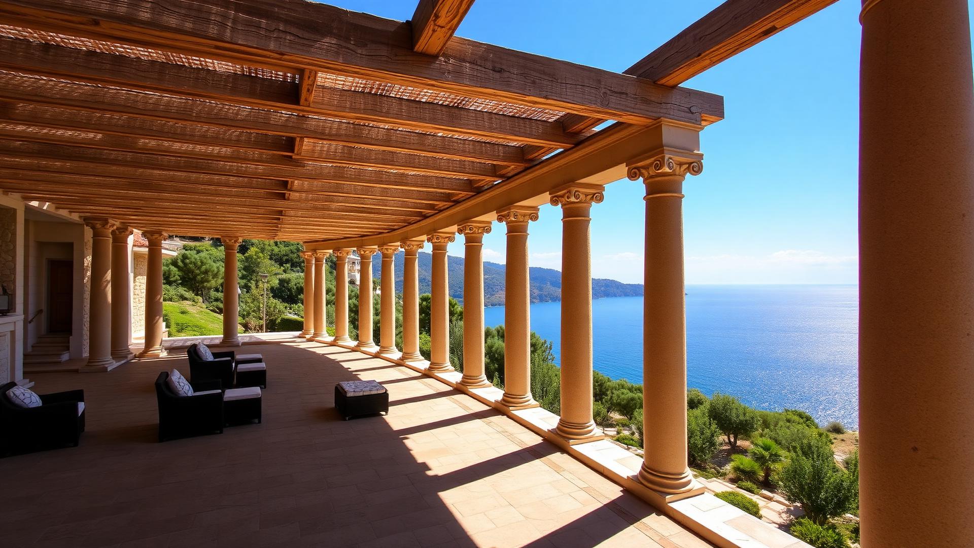 Ancient Greek-inspired colonnade at Amanzoe resort overlooking the Aegean Sea