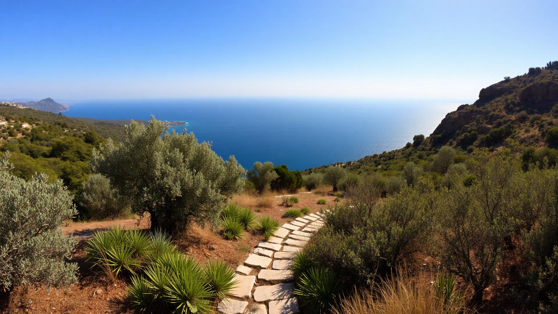 Stone pathway through olive groves with panoramic Aegean Sea view at Amanzoe