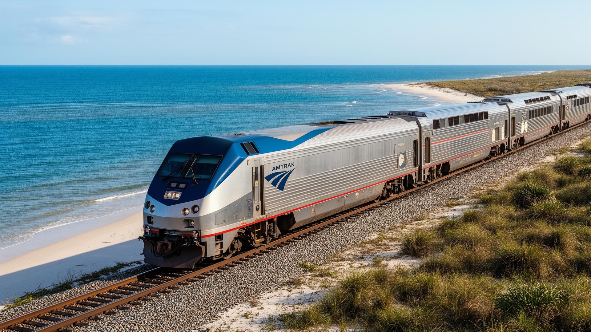 Amtrak passenger train traveling along the Gulf Coast shoreline with blue water and sandy beaches