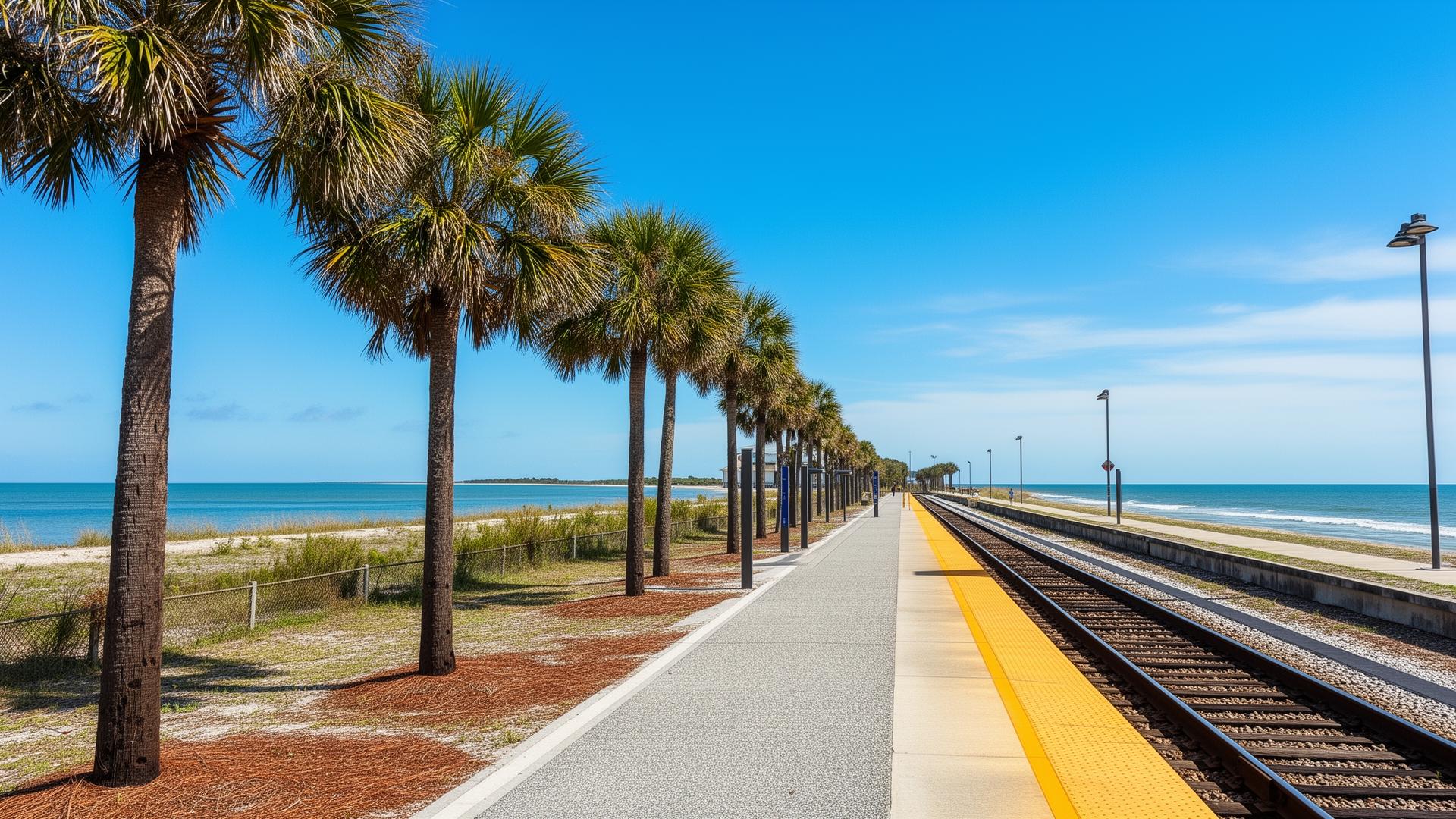 Scenic Gulf Coast train station platform with palm trees and blue sky