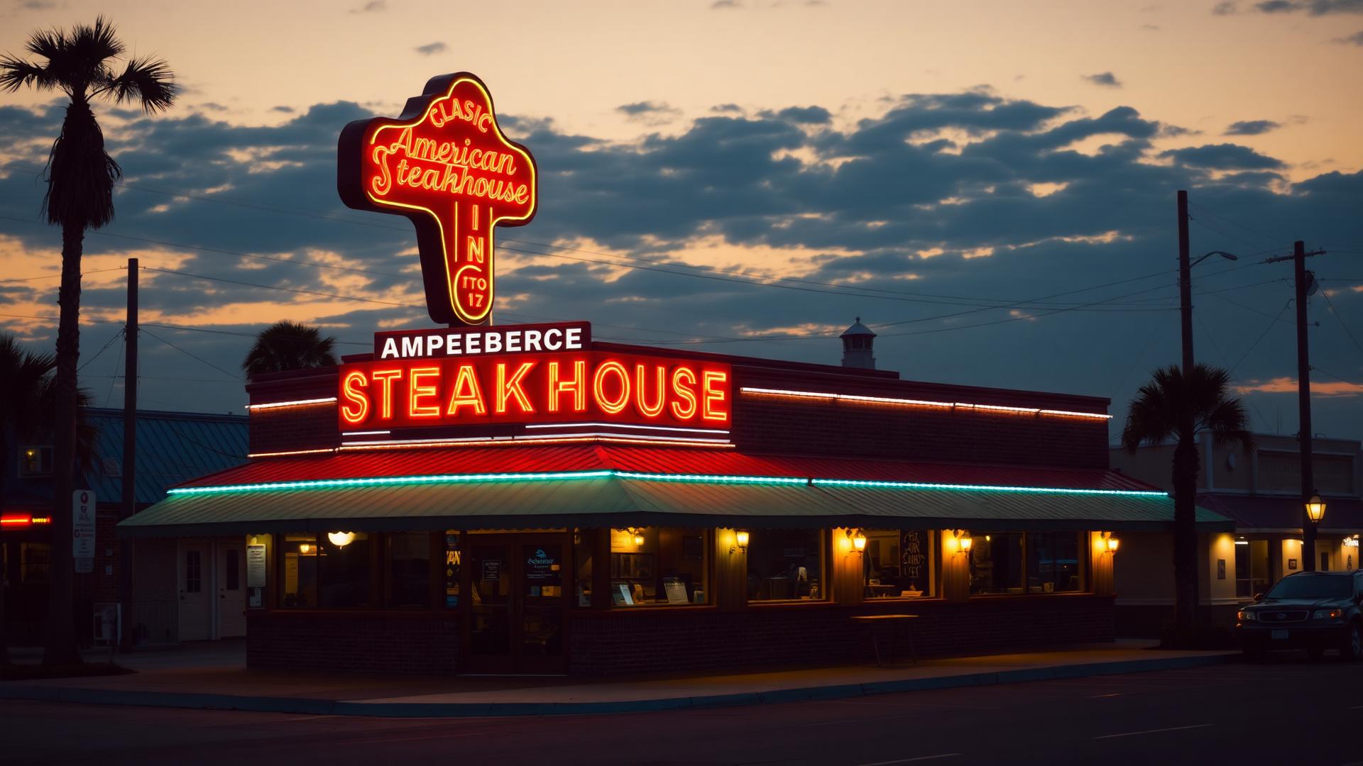 Classic American steakhouse with vintage neon signage at dusk in Panama City Beach