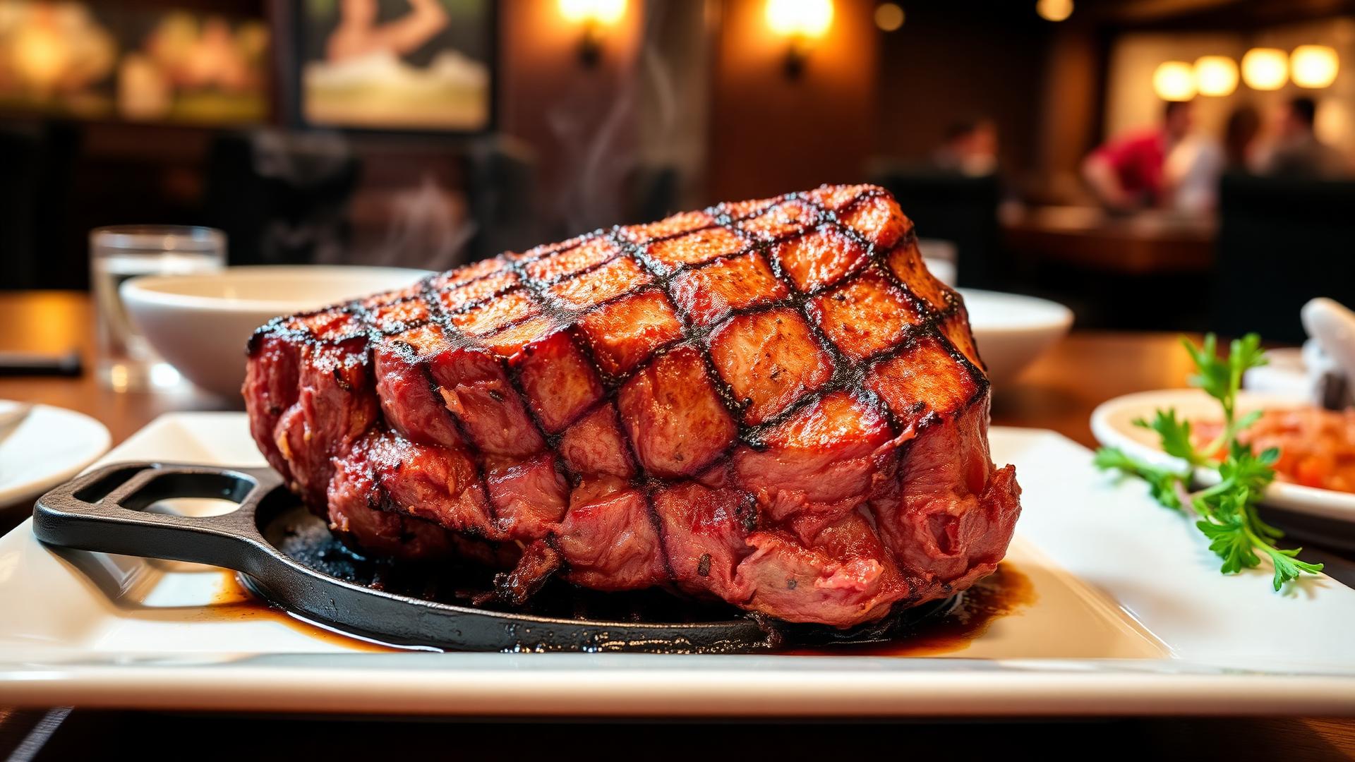 Perfectly charcoal-grilled thick-cut steak on cast iron plate