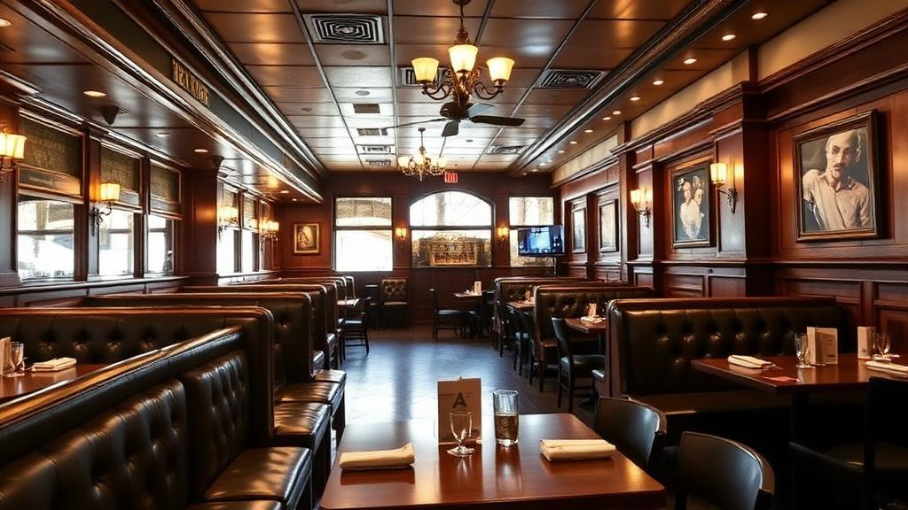 Classic American steakhouse interior with leather booths and warm lighting