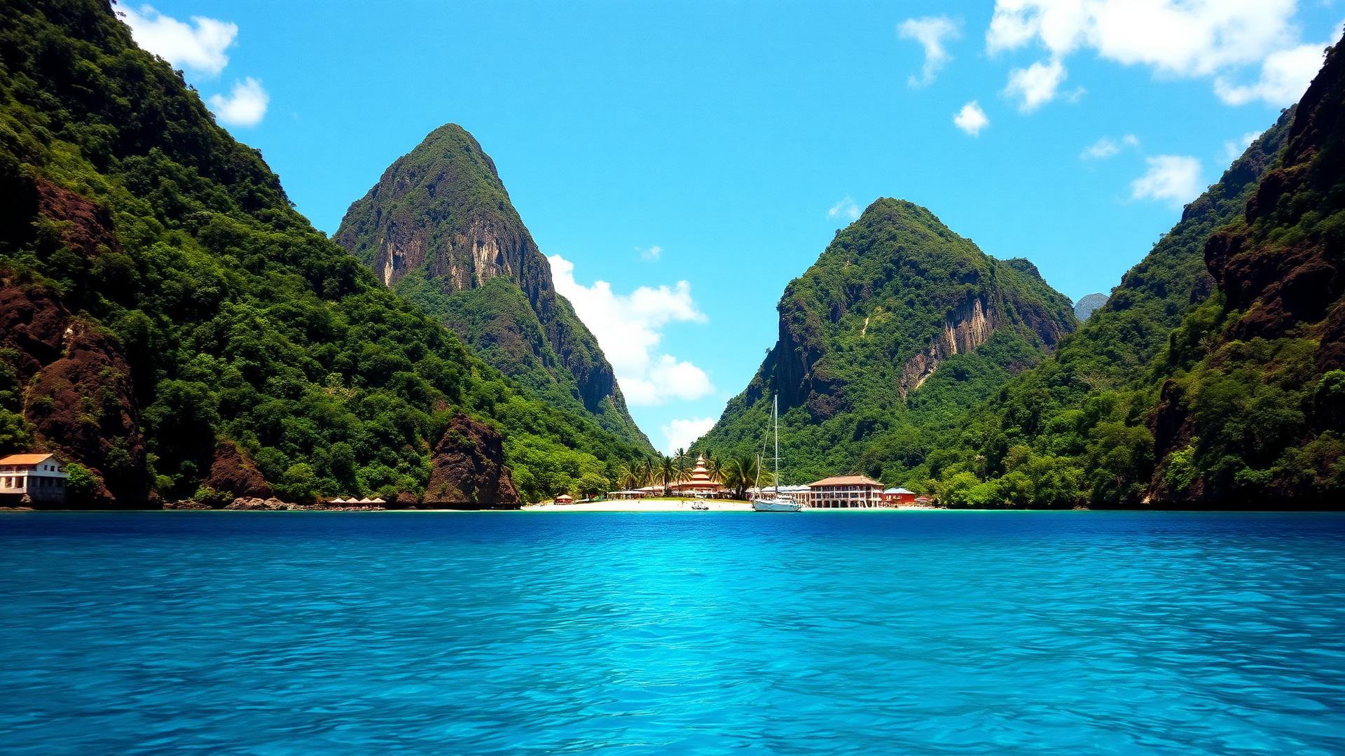 St. Lucia Pitons volcanic peaks rising from the Caribbean Sea with resort at base