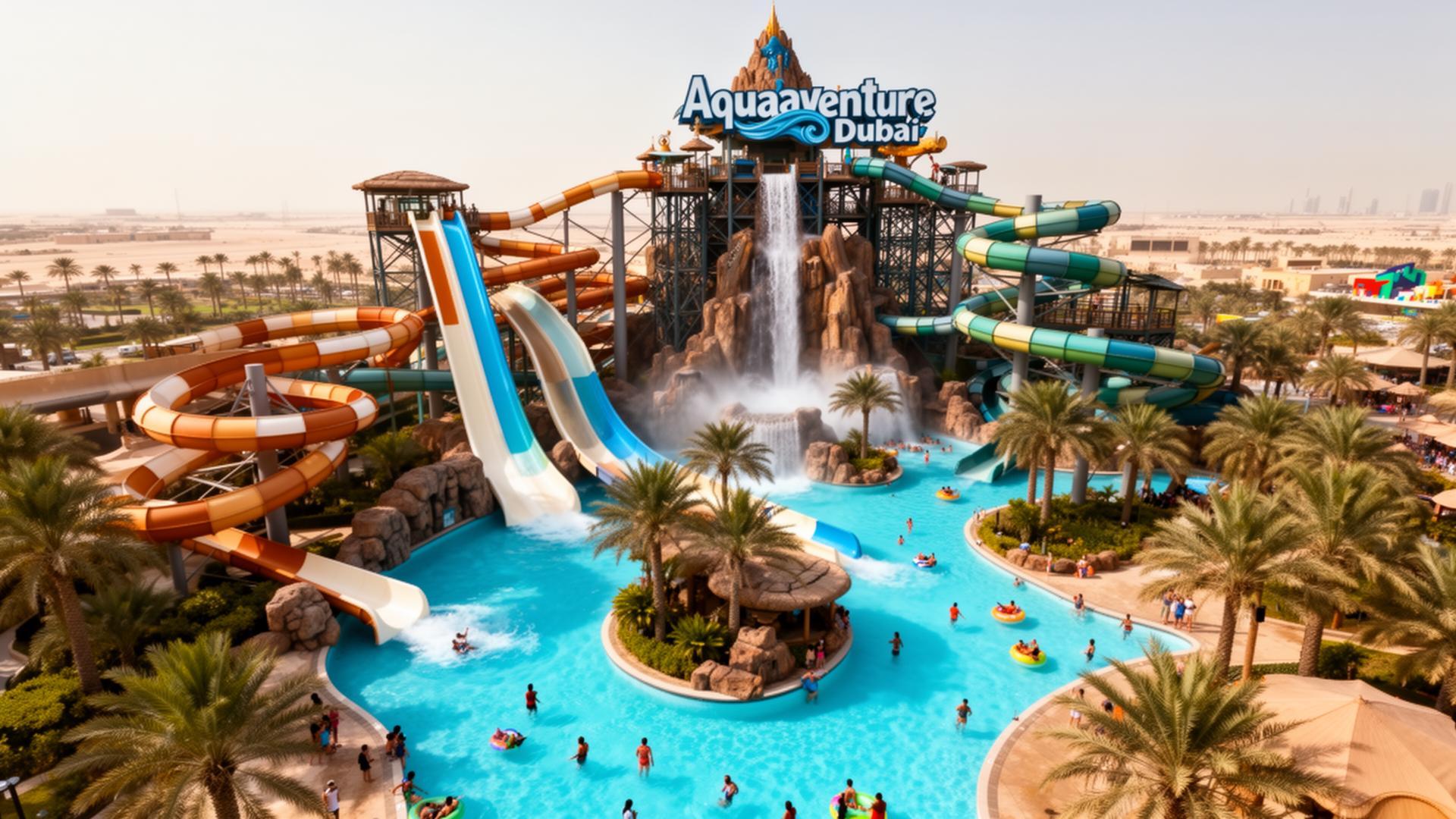 Aerial view of Aquaventure waterpark Dubai with towering water slides and lazy river