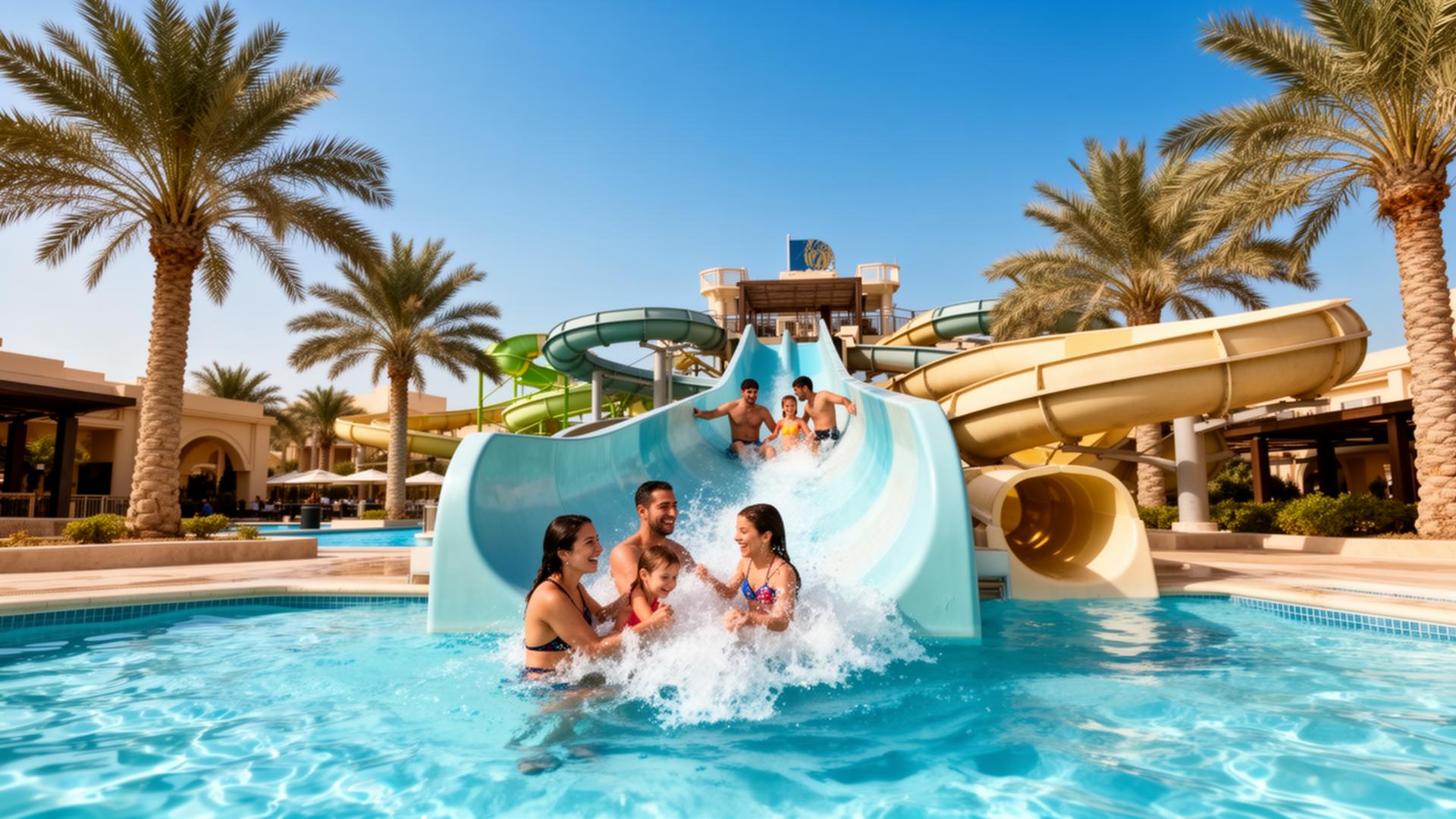 Family enjoying water slides at a luxury Dubai waterpark with palm trees
