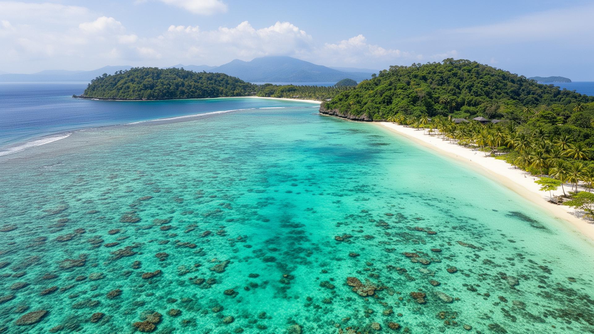 Aerial view of turquoise tropical waters with coral reefs and white sand beaches in the Asia-Pacific region