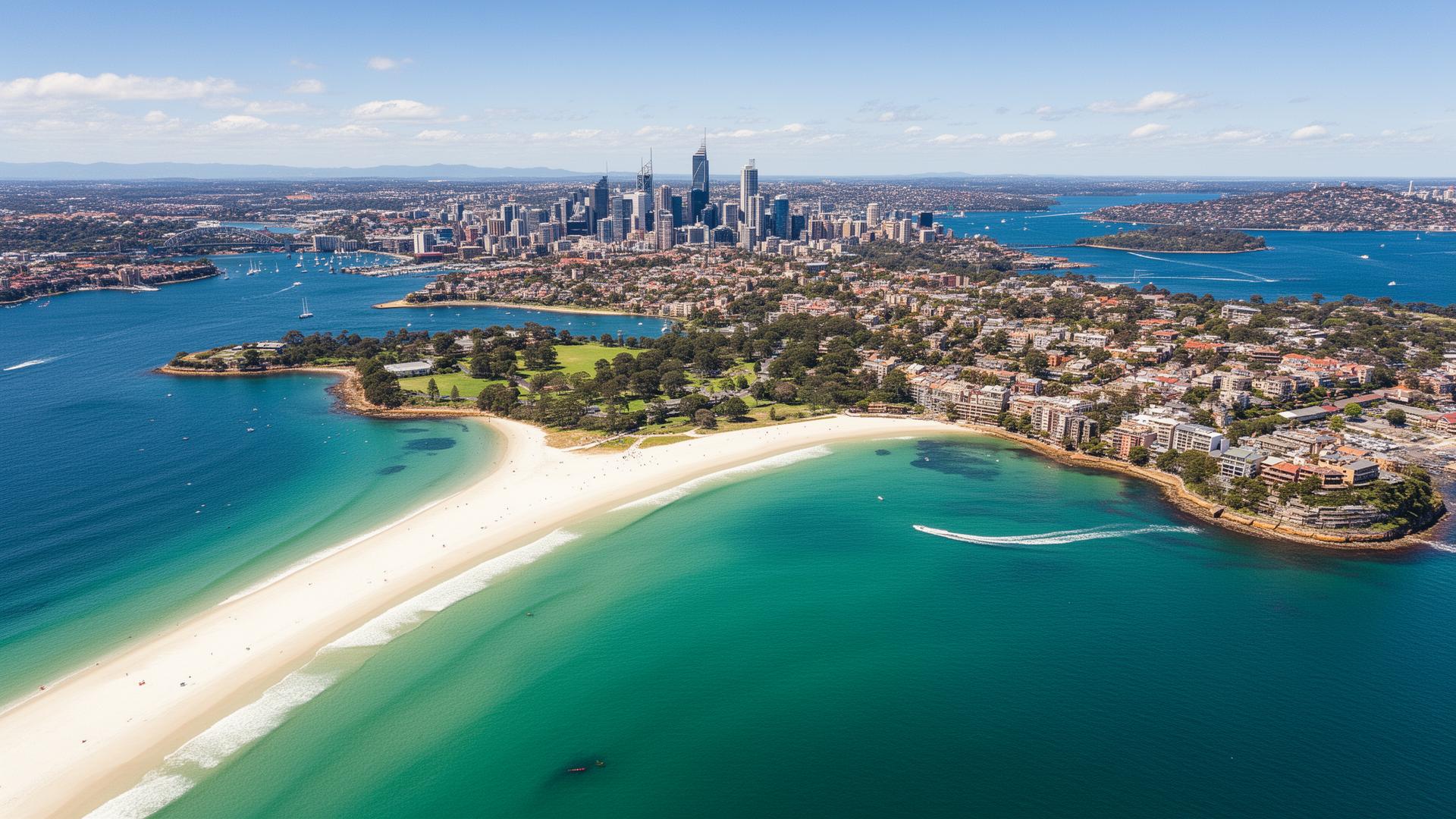Sydney harbour aerial view with turquoise water and white sand beach