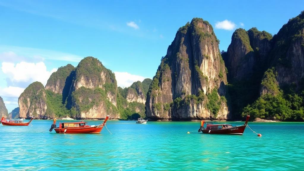 Phi Phi Islands Thailand with limestone cliffs and long-tail boats in turquoise water