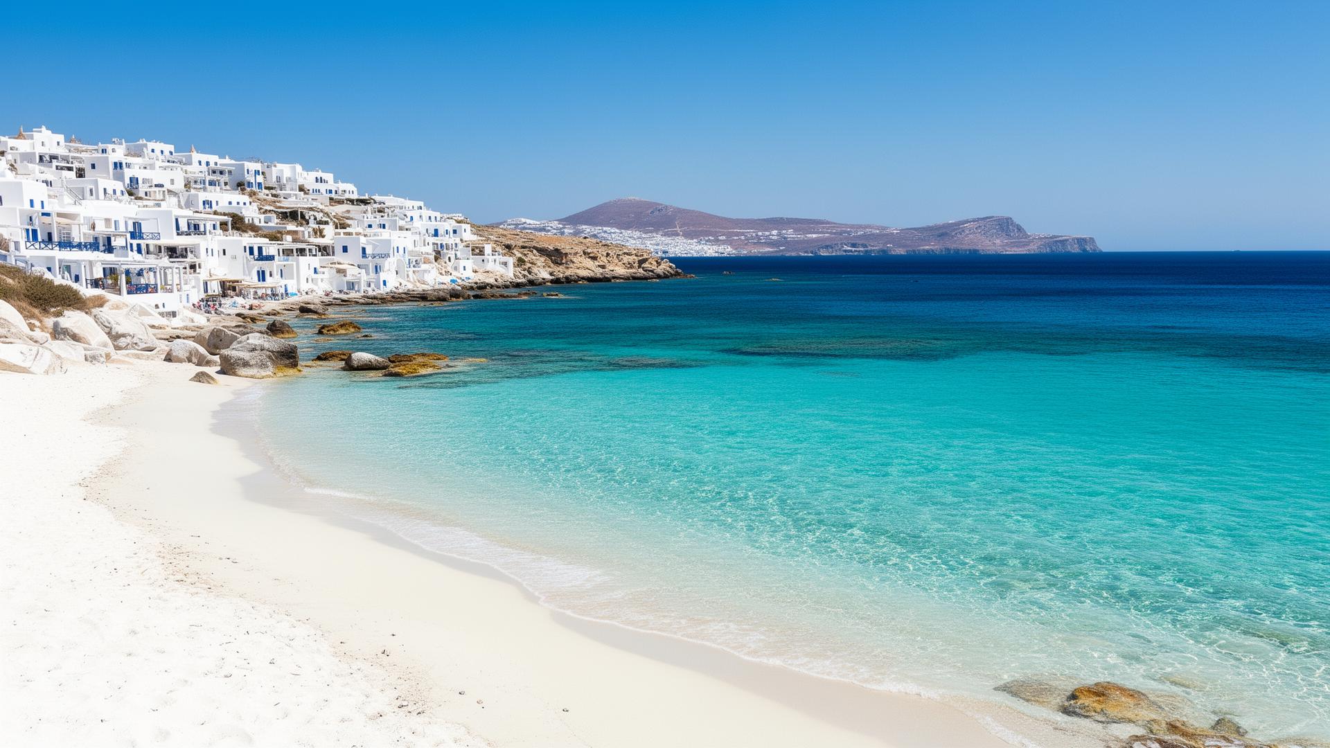 Crystal clear turquoise water of a Greek island beach with white-washed buildings