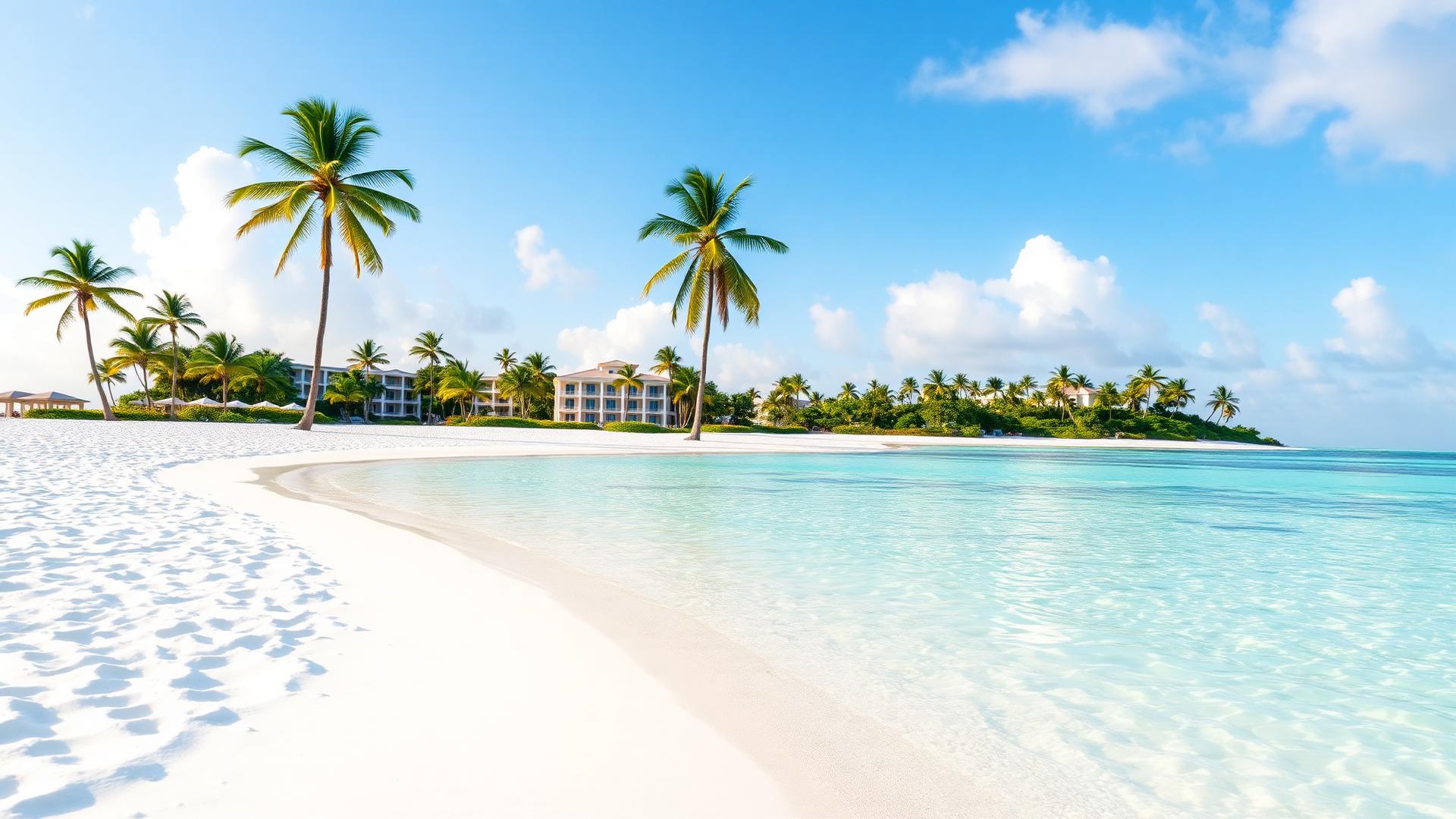 Pristine white sand Bahamas beach with palm trees and resort in background