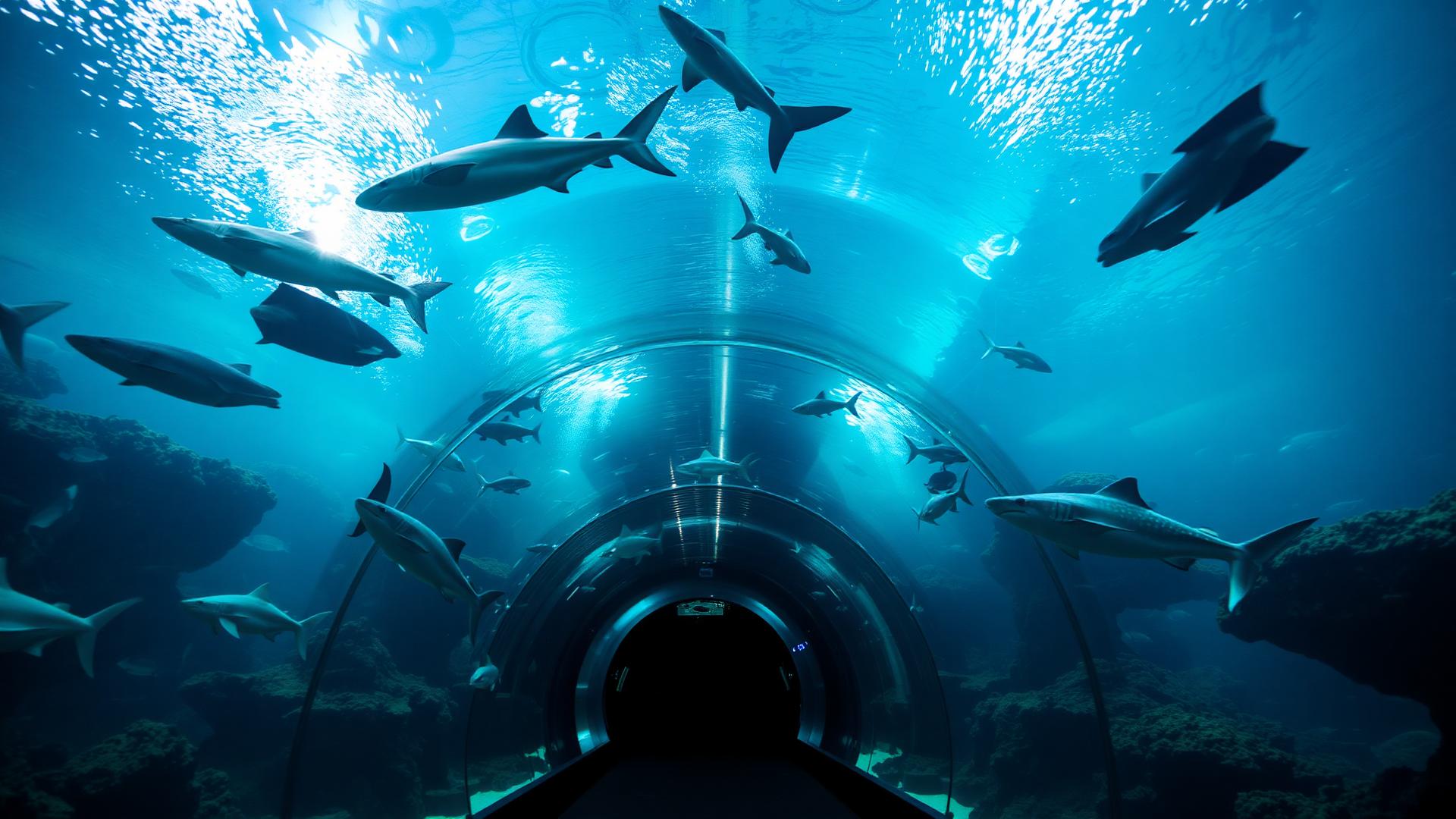 Underwater aquarium tunnel with sharks swimming overhead at Atlantis The Palm Dubai