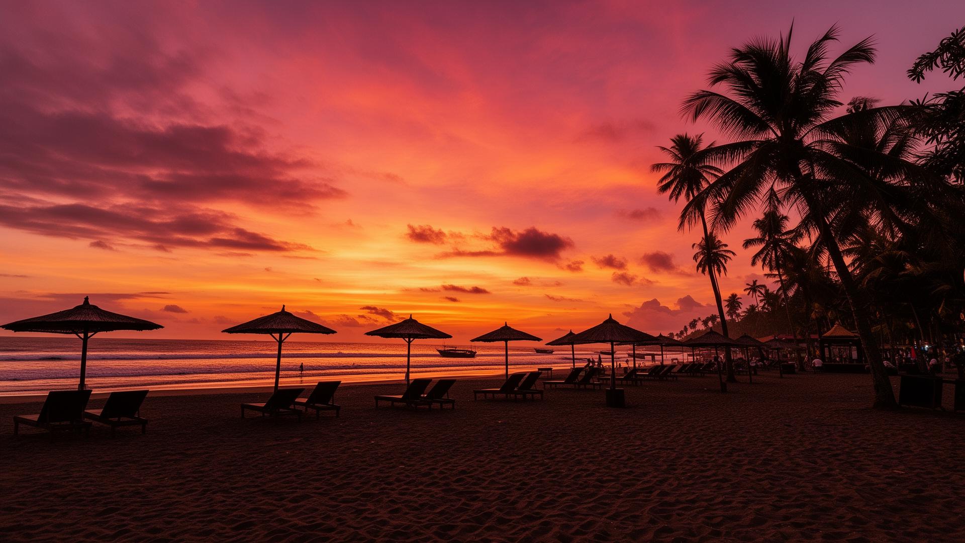 Dramatic Bali beach sunset with silhouetted palm trees and thatched beach umbrellas