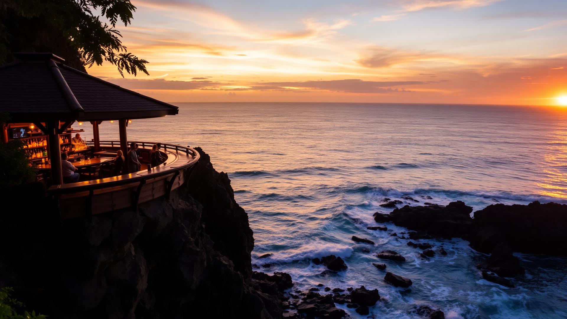Cliffside bar perched over the Indian Ocean at sunset in Bali