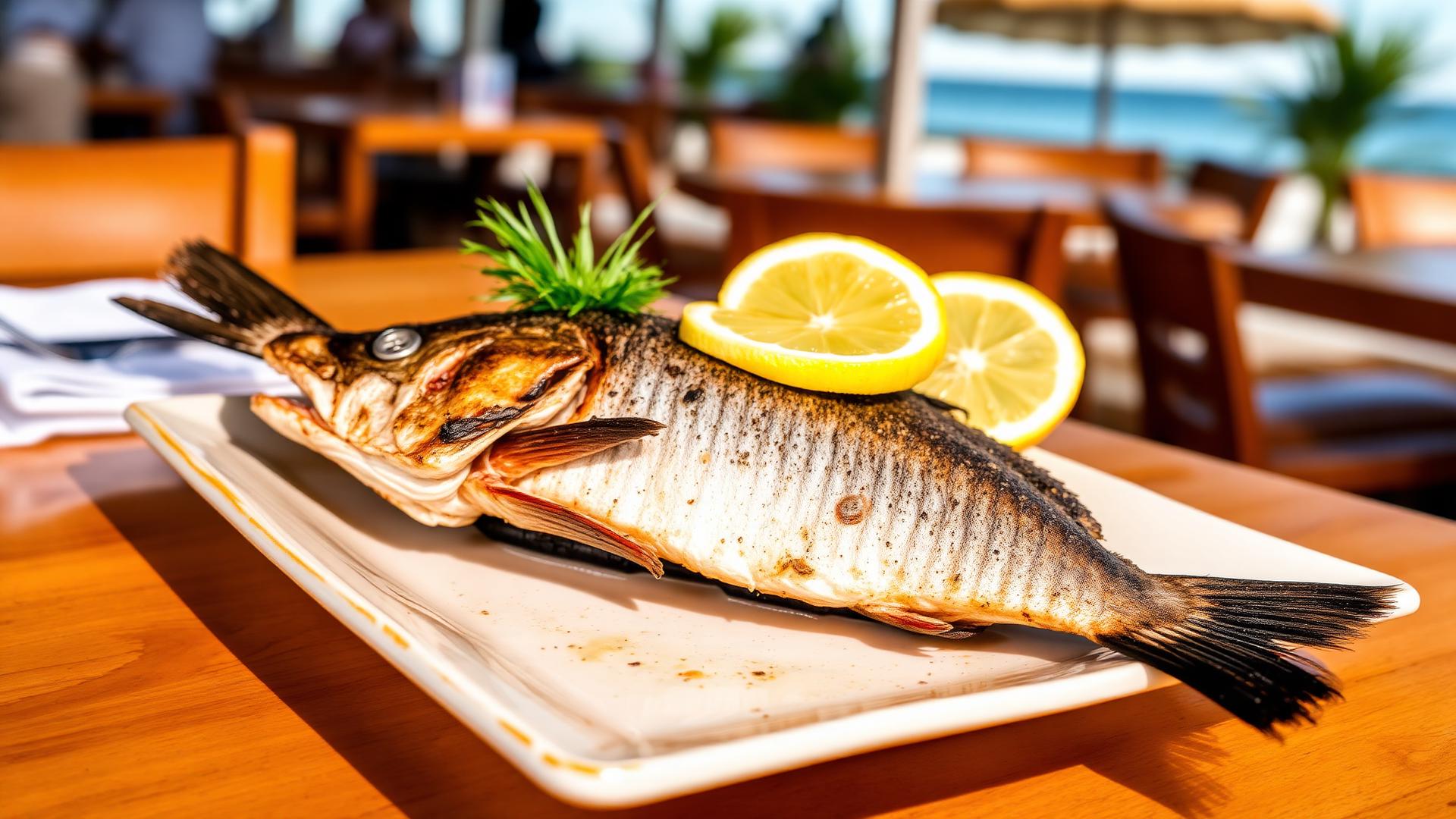 Fresh charcoal-grilled fish with lemon at a beachside restaurant in Destin