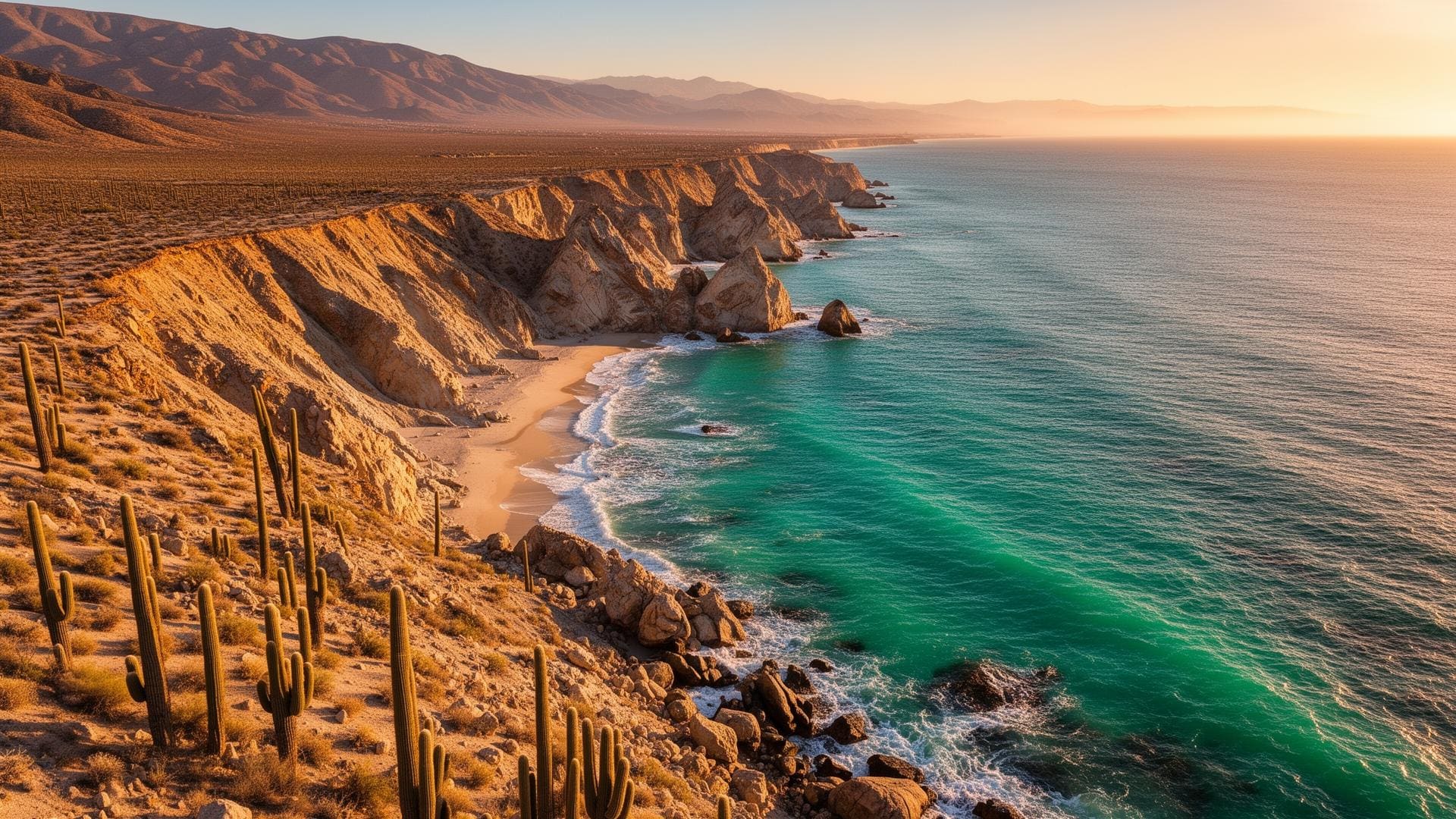 Dramatic Baja California coastline with desert landscape meeting turquoise Sea of Cortez