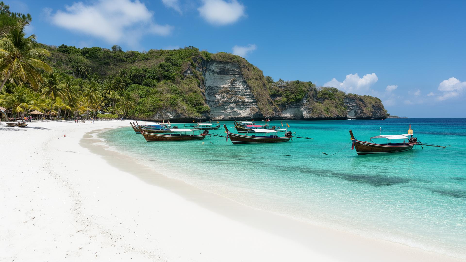 Pristine white sand beach with traditional boats and turquoise water in Nusa Penida, Bali