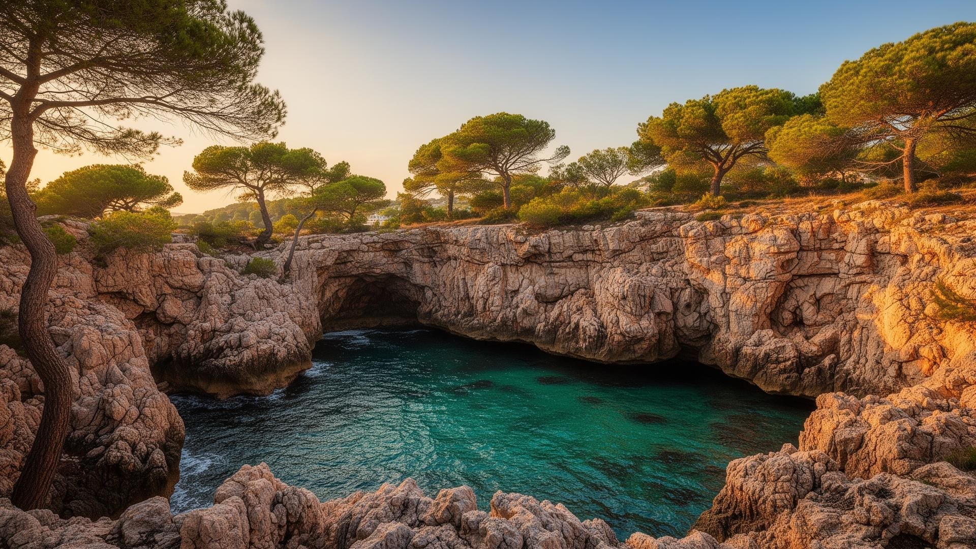 Hidden rocky cove with turquoise water and pine trees along the Costa Brava coastline in Spain