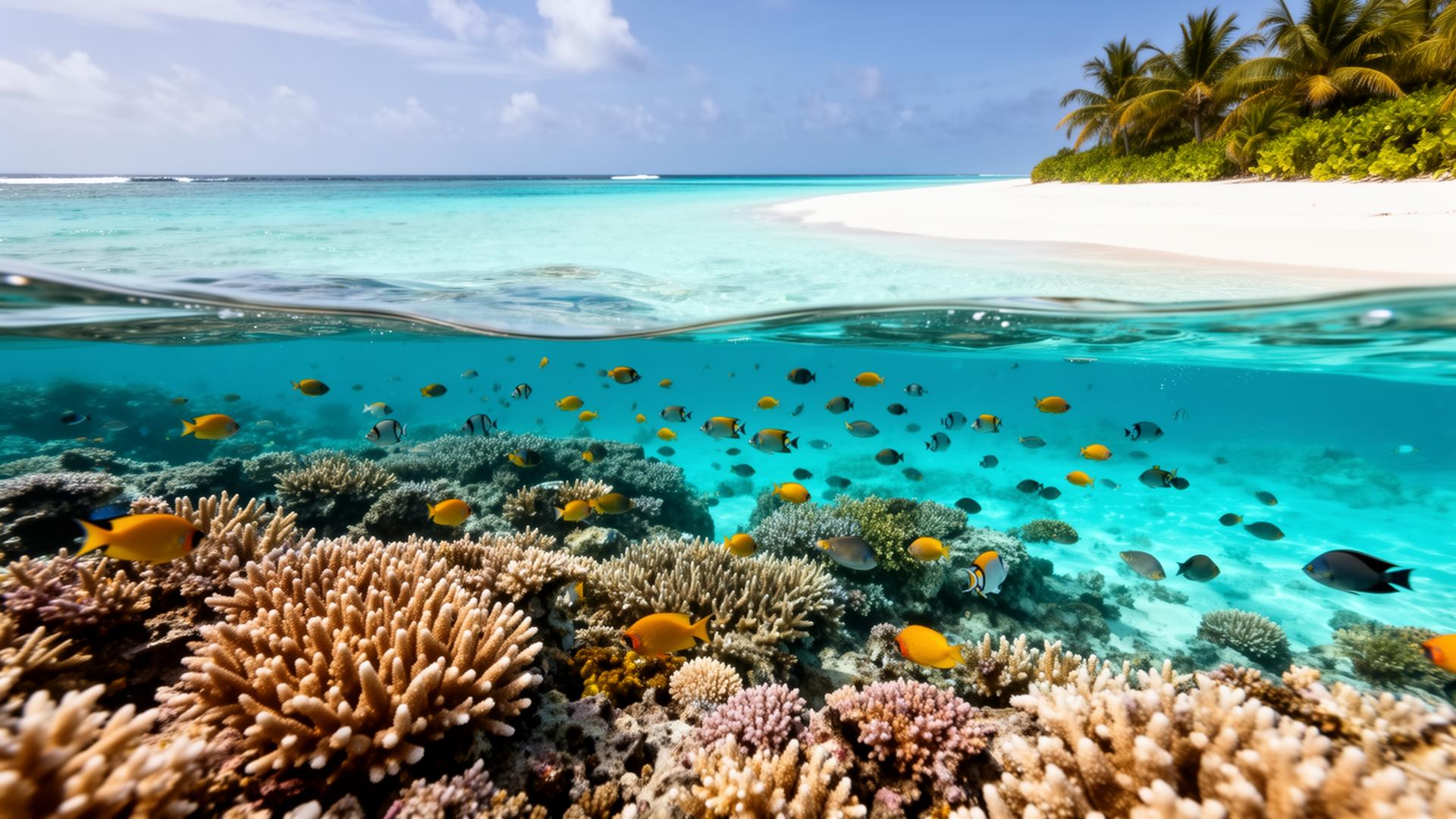 Pristine Maldives coral reef with tropical fish in crystal clear water