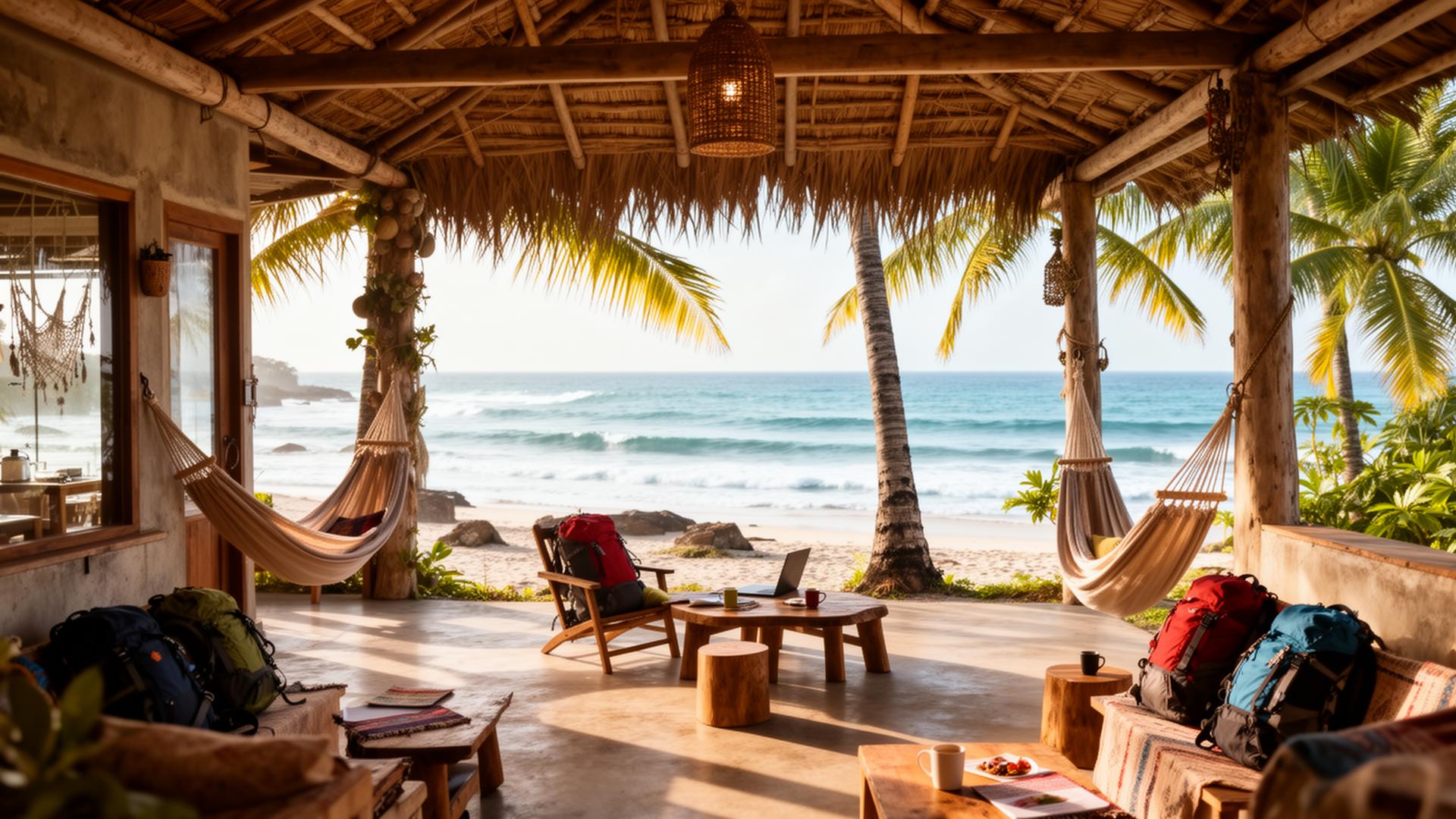 Bohemian beach hostel with hammocks and palm trees overlooking tropical coastline