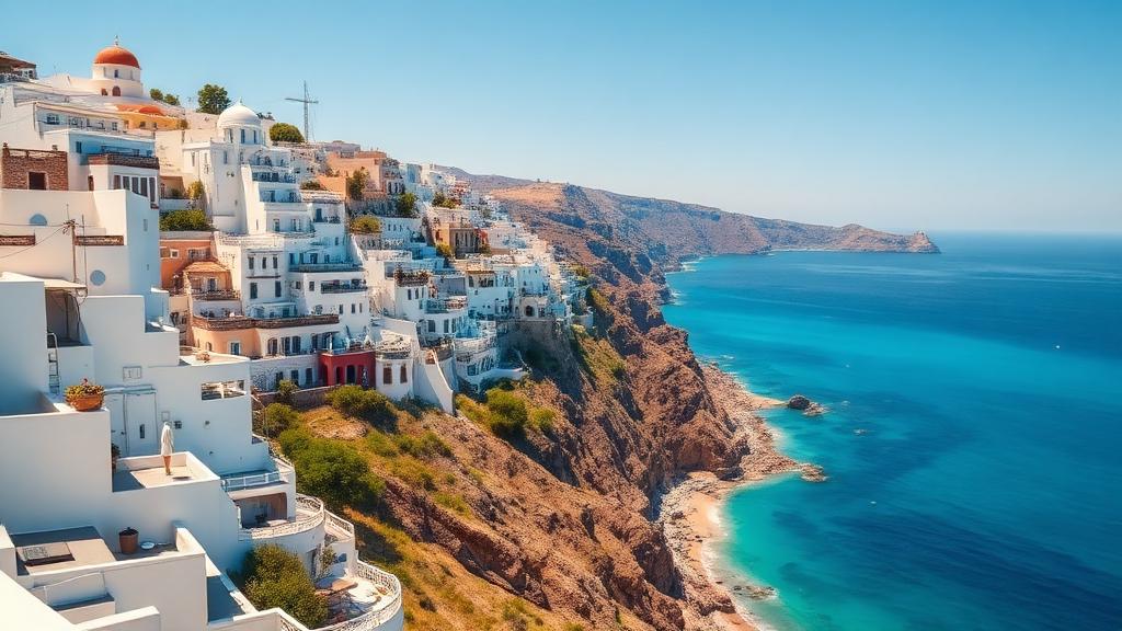 Whitewashed Greek island buildings cascading down cliffside to the azure Aegean Sea