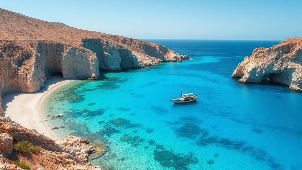 Secluded Greek island beach with crystal turquoise water and limestone cliffs