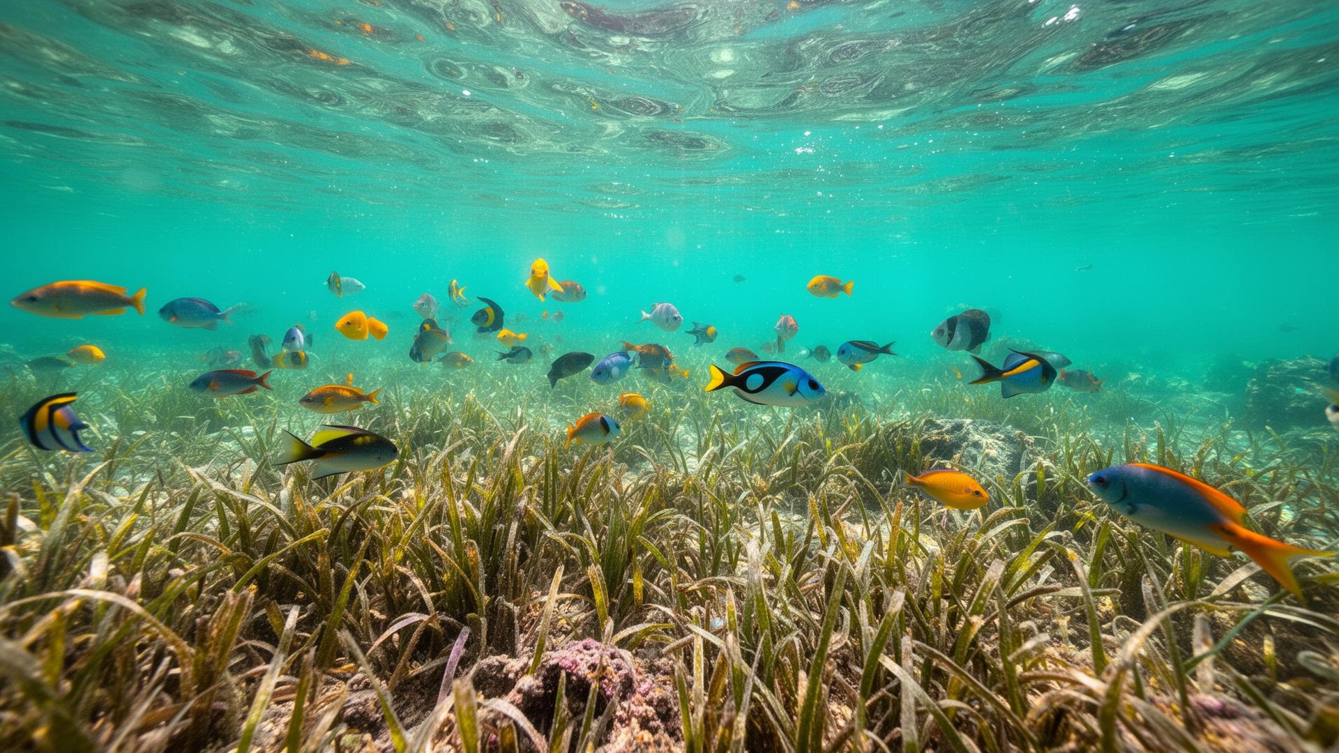 Colorful tropical fish swimming through sea grass in shallow Florida reef waters with sunlight filtering through