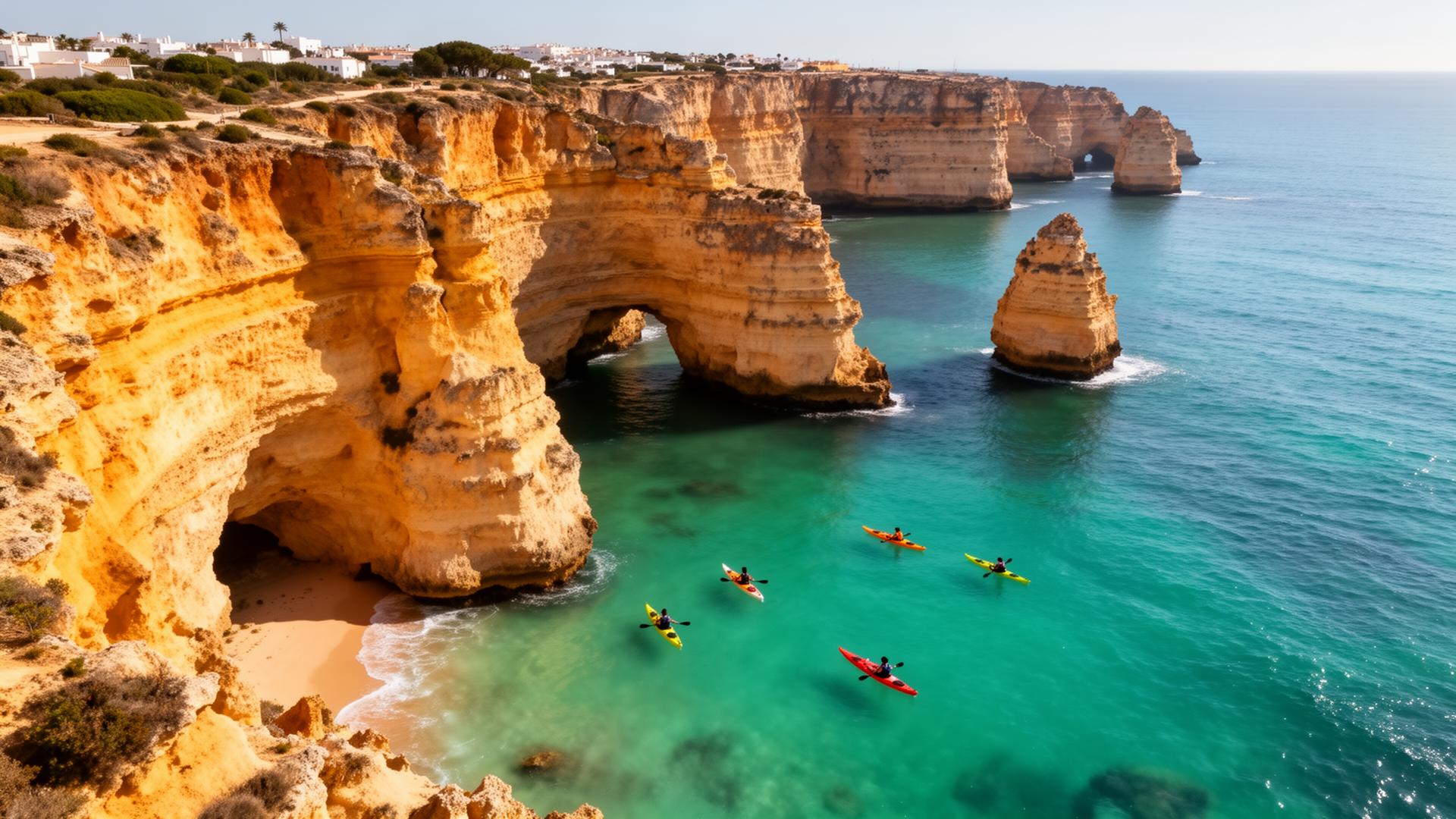 Dramatic Algarve coastline with golden cliffs, sea caves, and kayakers on turquoise water