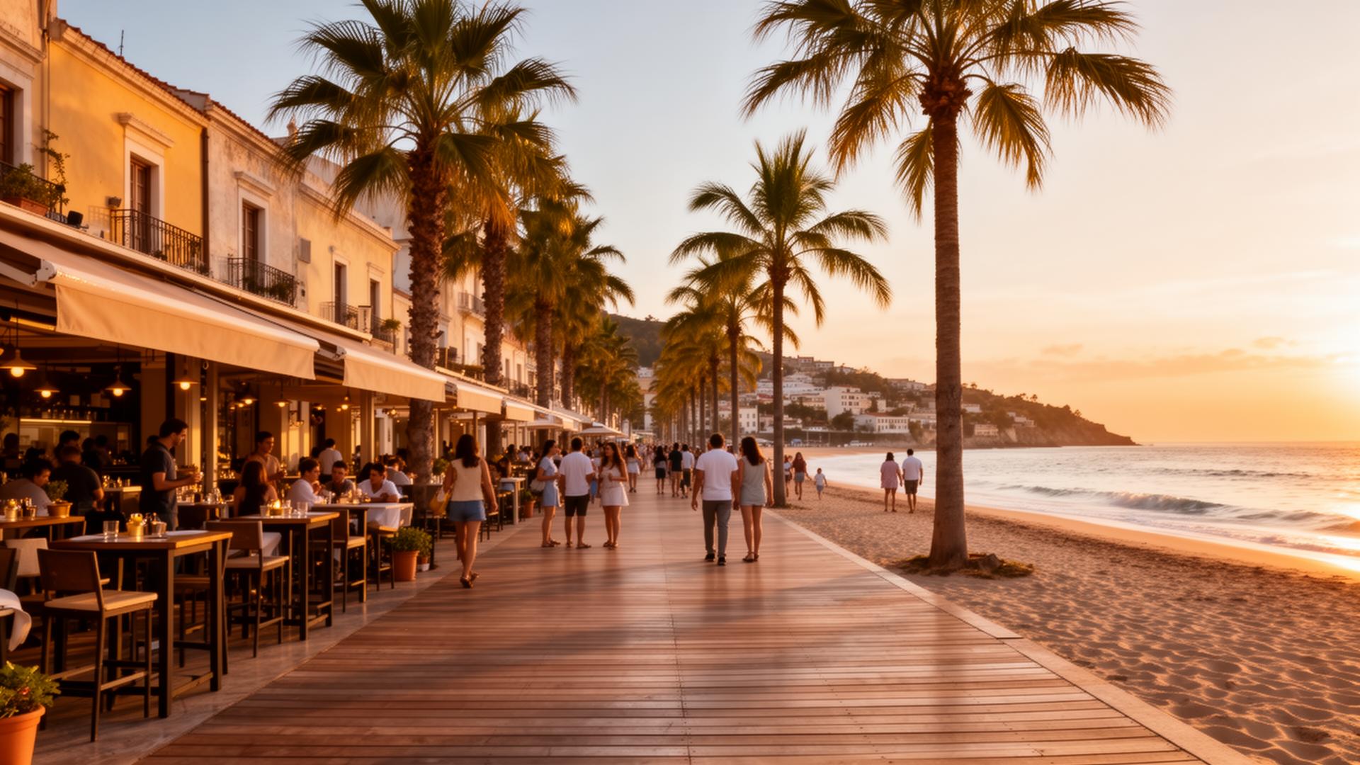 Beach boardwalk promenade at golden hour with cafes and palm trees