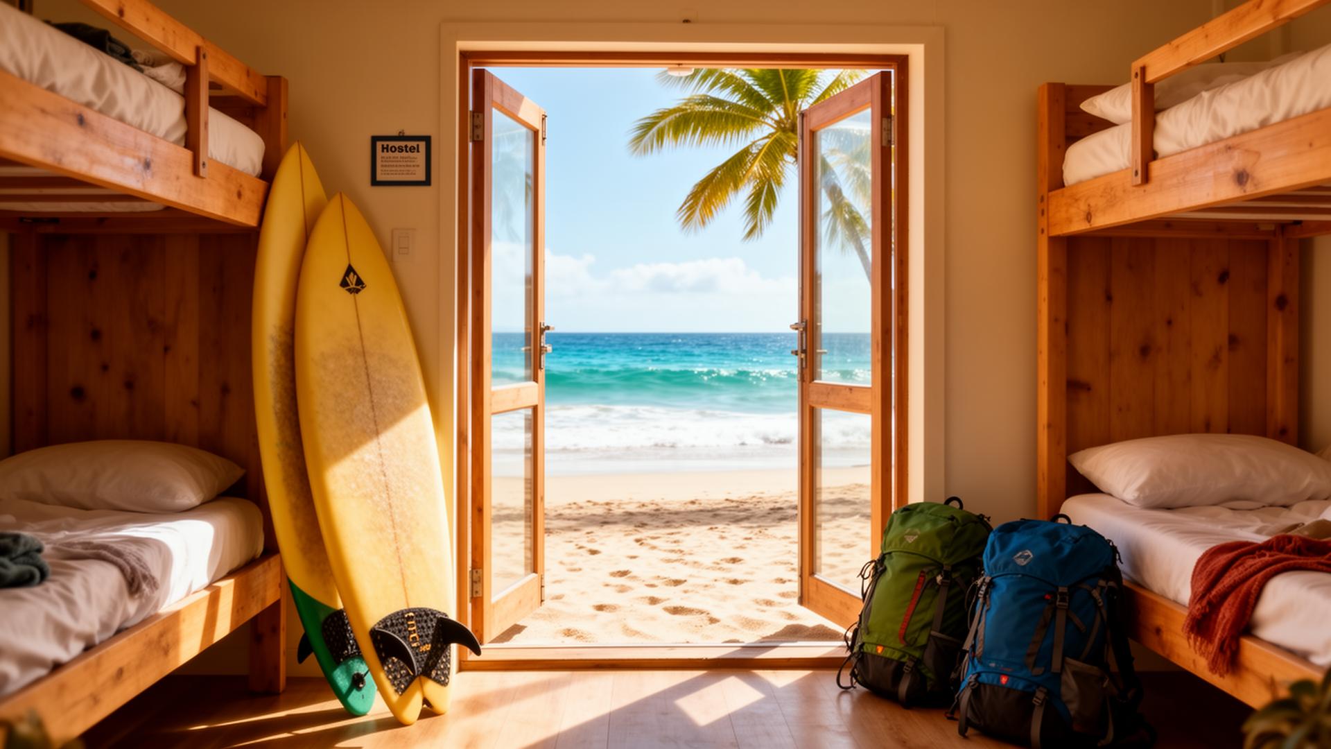 Beach hostel dormitory room with ocean view and surfboards