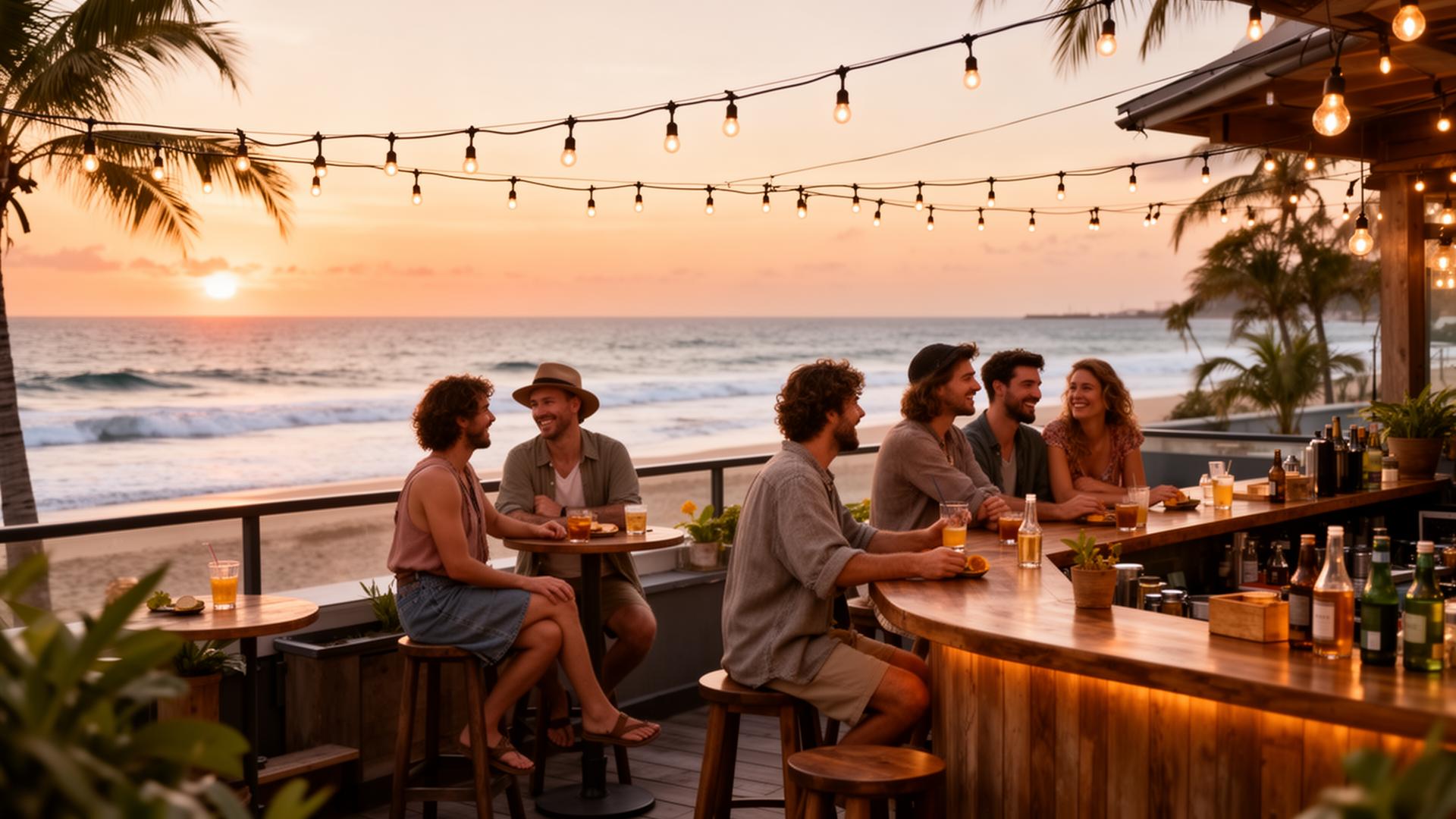 Solo travelers socializing at a beachfront hostel rooftop bar at sunset