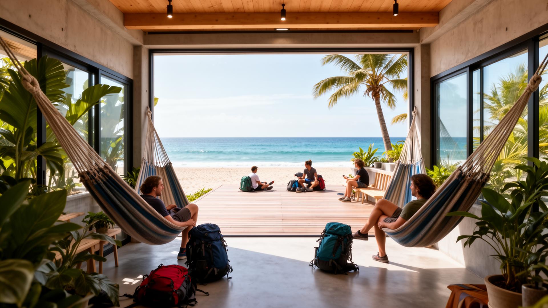 Modern beach hostel common area with hammocks and ocean view